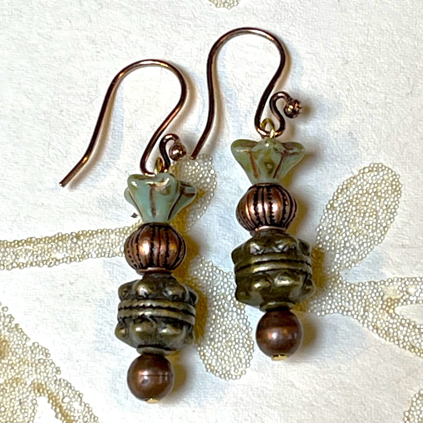 Brown-Gold Fall Earrings. Antiqued silver-colored and copper-colored beads. Hypoallergenic French earrings Hooks, Copper Plated Wire.