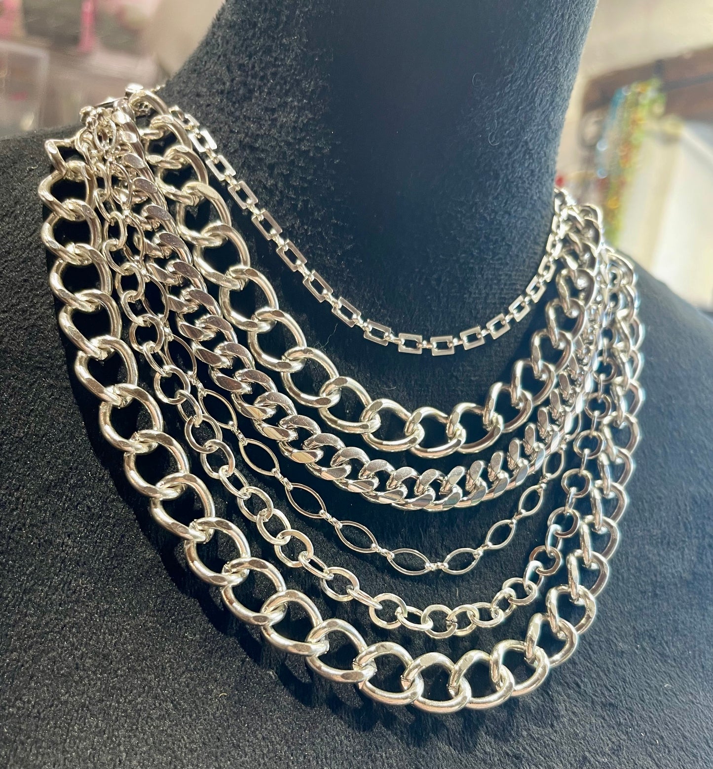 Bright Silver, Multi-Layered Chain, Necklace Adjustable. Silver Plate Steel.