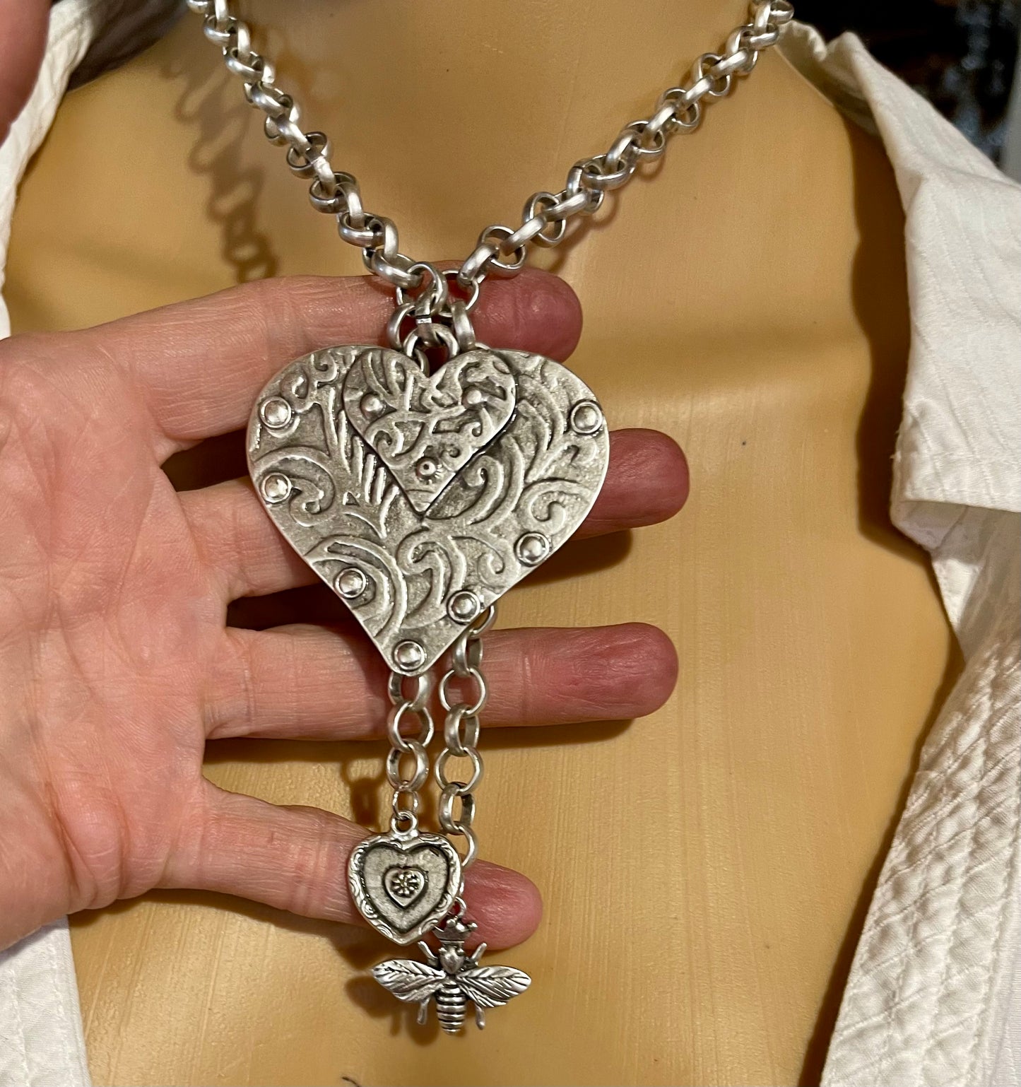Silver Plate. Pendant Heart and Queen Bee necklace. Large Pendant Statement Necklace.