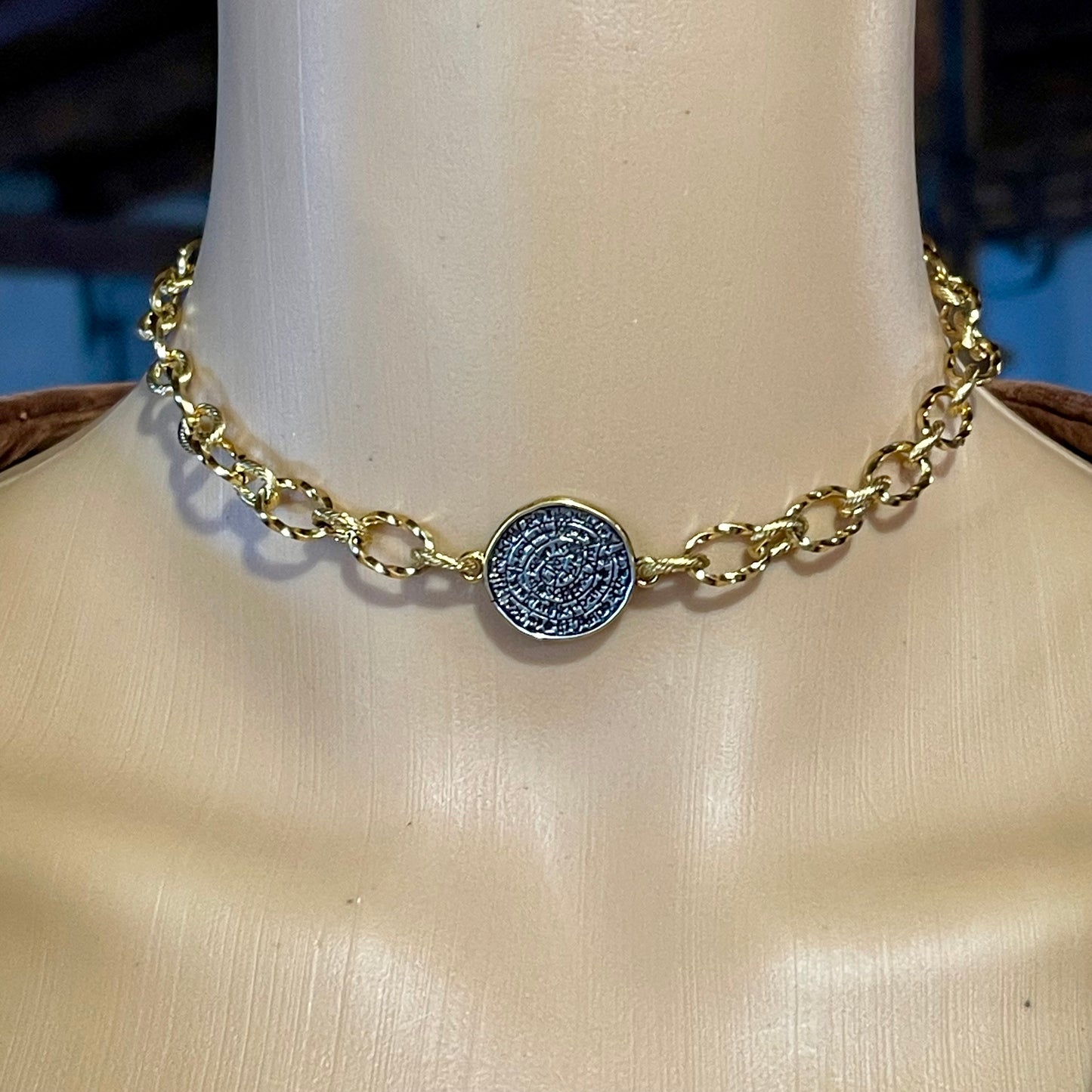 Multi-layer Gold Tone Large Pendant Necklace. Multi-Link Chain Statement Necklace.
