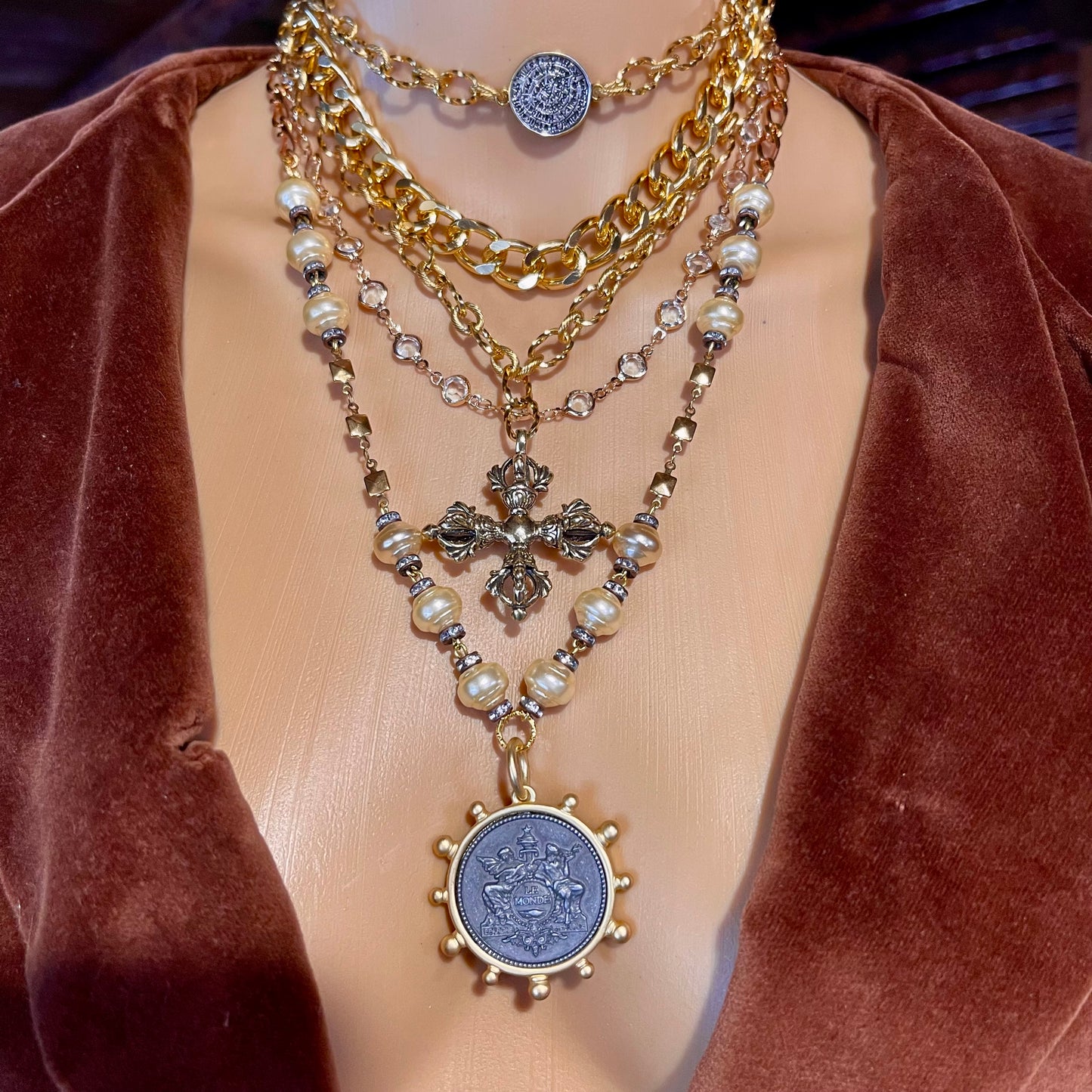 Multi-layer Gold Tone Large Pendant Necklace. Multi-Link Chain Statement Necklace.