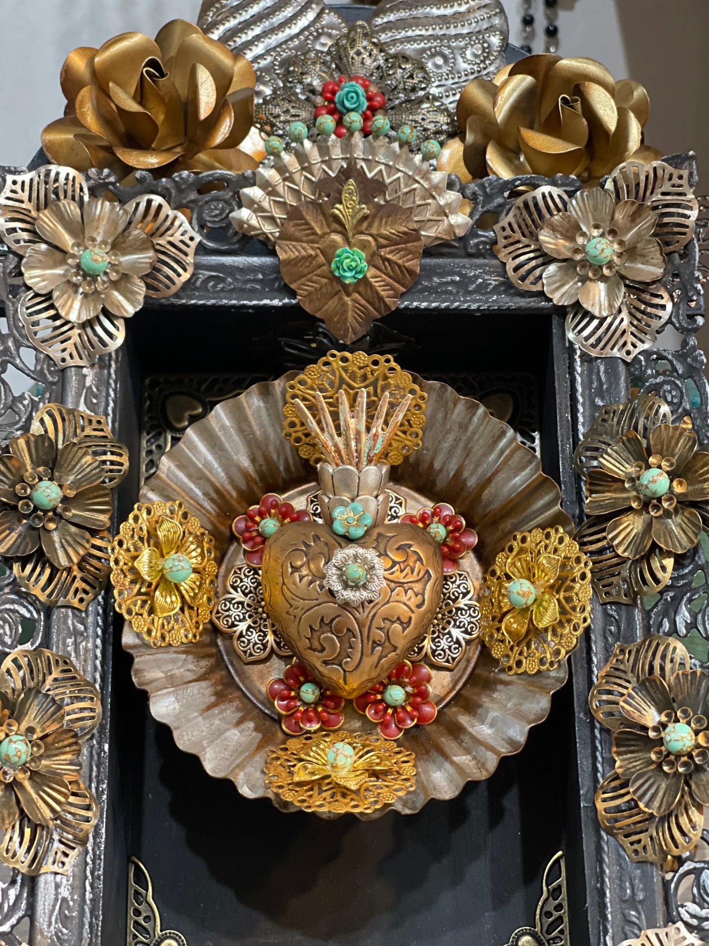 Gold and Silver metal adorned wood shrine, Sacred Heart Wall Shrine.