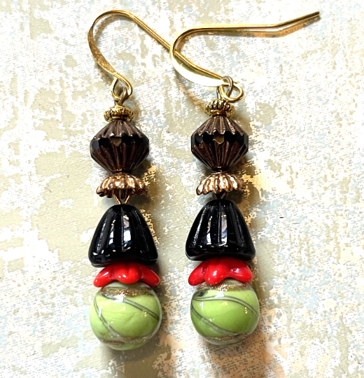 Premium Vintage Green-Gold Glass, With Black and Red Czech Glass. Hypoallergenic French Earring Hooks, Gold Plated Wire