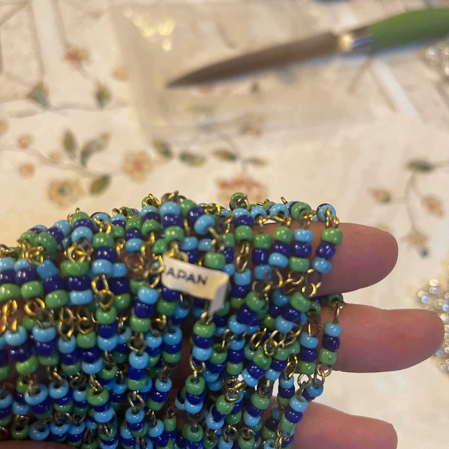 3.7 x 2.7mm Beads. Vintage Japan Dark Blue, Green, and Turquoise Glass. Bead Chain.