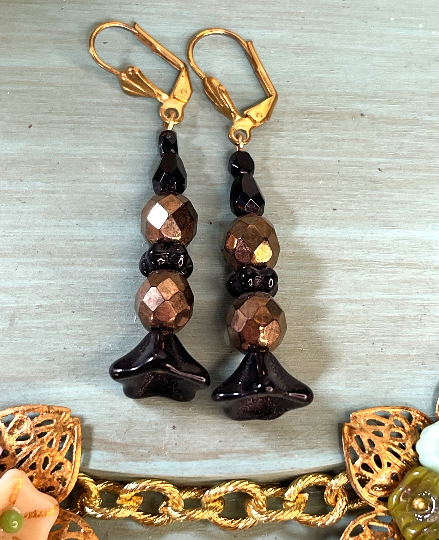 Black flowers with bronze Czech glass Earrings. Hypoallergenic French Earring Hooks, Gold Plated Wire
