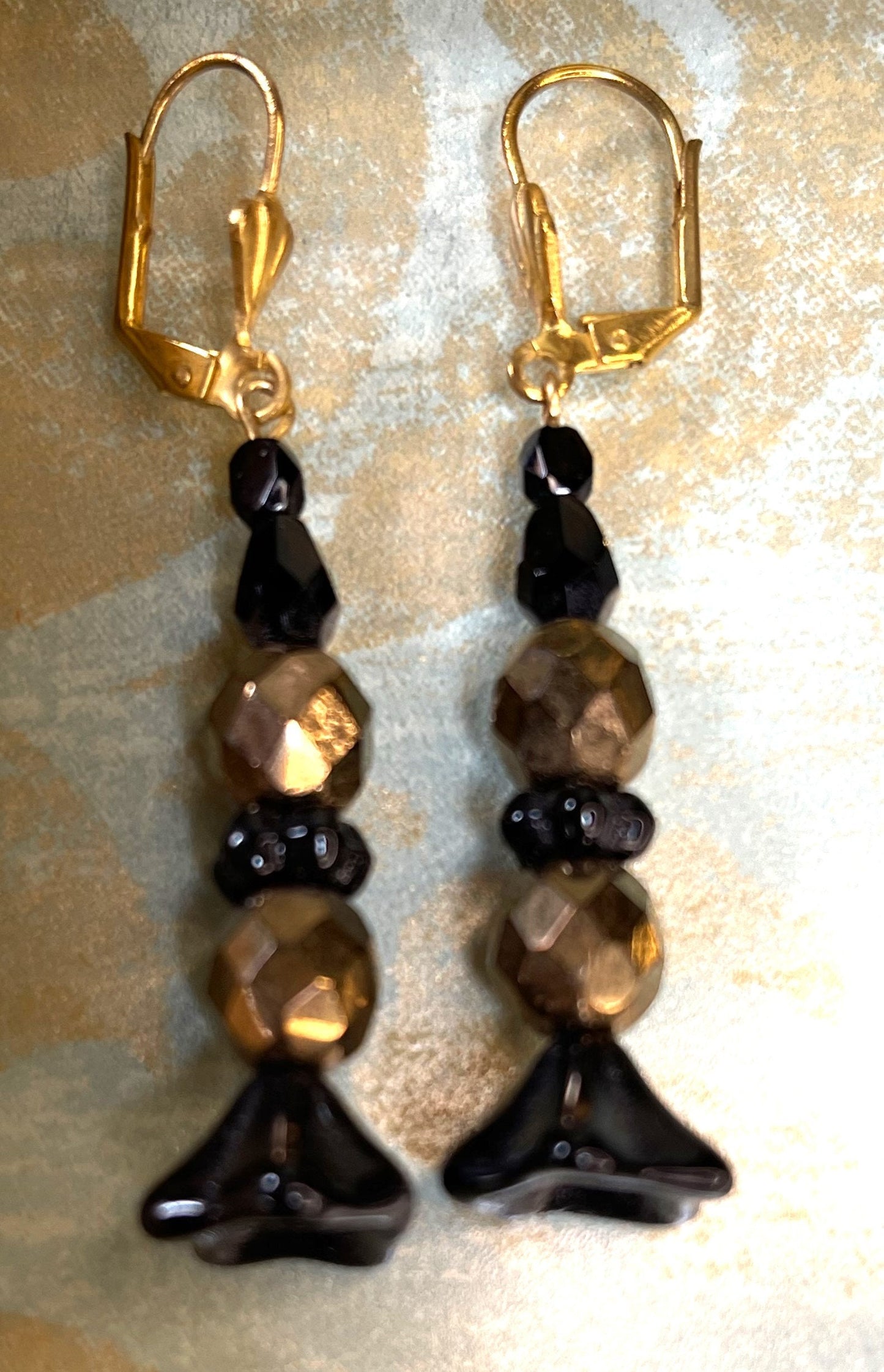 Black flowers with bronze Czech glass Earrings. Hypoallergenic French Earring Hooks, Gold Plated Wire
