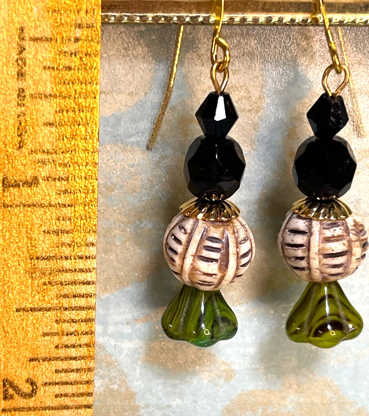 Vintage Carved Bone Lantern Style Earrings with Czech Glass Flowers. Hypoallergenic French Earring Hooks, Gold Plated Wire.
