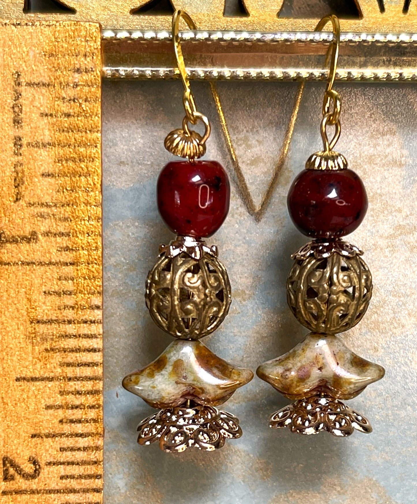 Amber glass with fillagree brass bead Earrings. Hypoallergenic French Earring Hooks, Gold Plated Wire