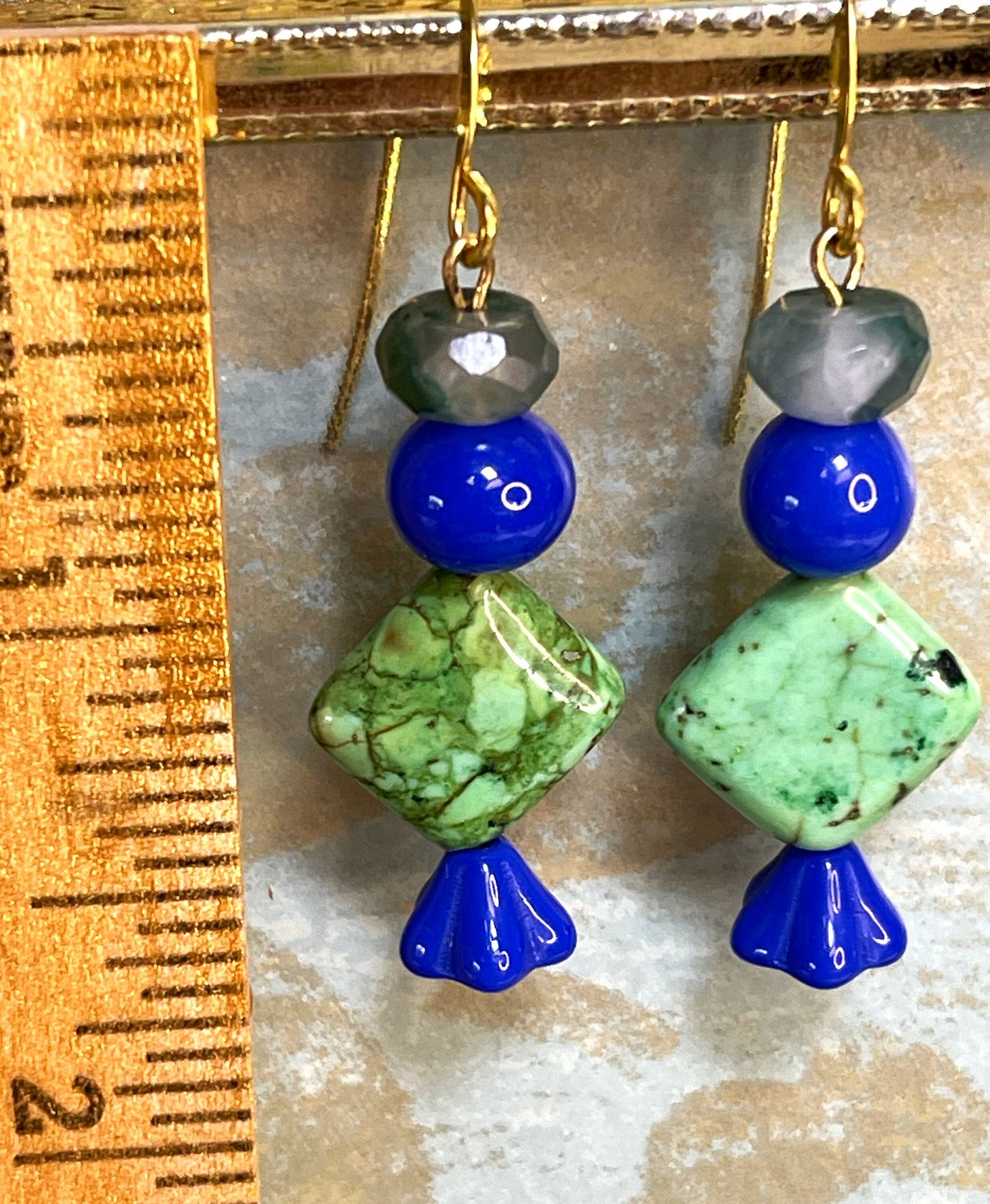 Vintage Earrings, Blue and Green stone. Czech Glass. Hypoallergenic French Earring Hooks, Gold Plated Wire