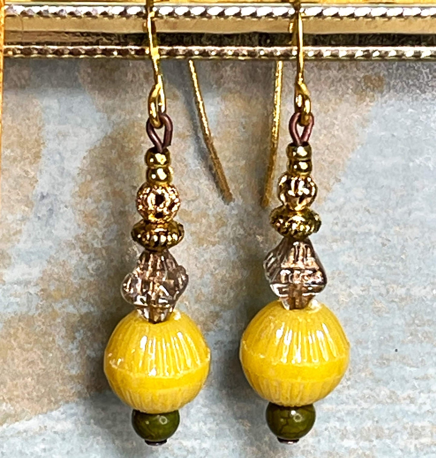 Vintage Earrings, Golden Yellow Vintage Textured Glass. Hypoallergenic French Earring Hooks, Gold Plated Wire