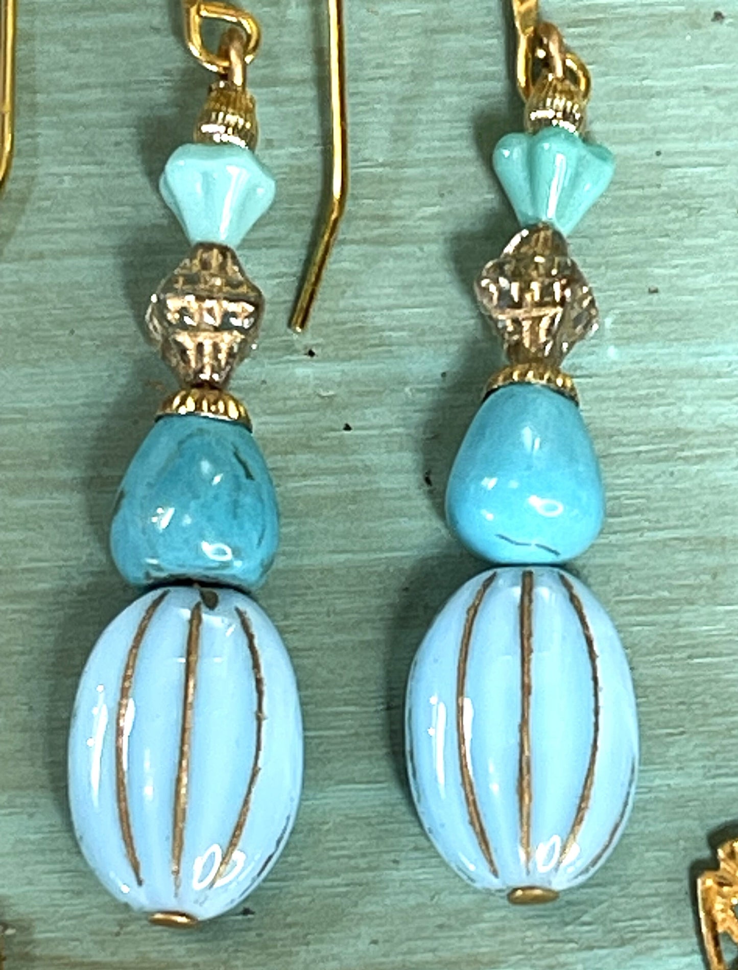 Premium Vintage Earrings, Blue Vintage Glass With brass Metal. Hypoallergenic French Earring Hooks, Gold Plated Wire