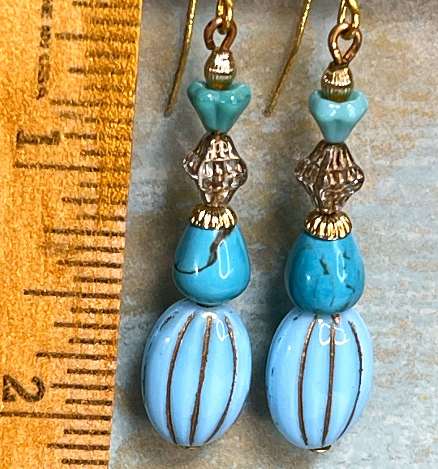 Premium Vintage Earrings, Blue Vintage Glass With brass Metal. Hypoallergenic French Earring Hooks, Gold Plated Wire