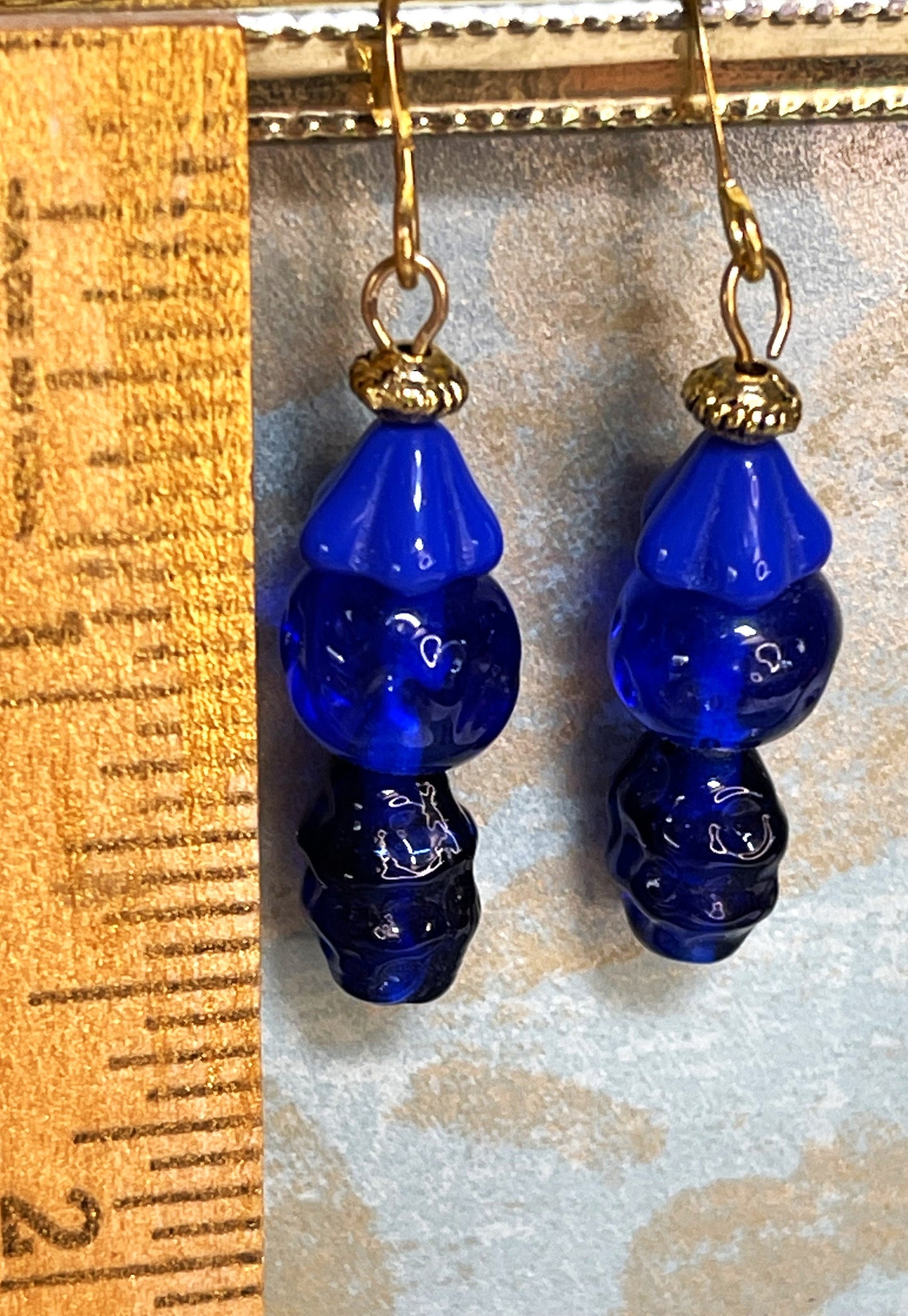 Vintage Earrings, Blue Vintage Czech Glass With brass Metal. Hypoallergenic French Earring Hooks, Gold Plated Wire