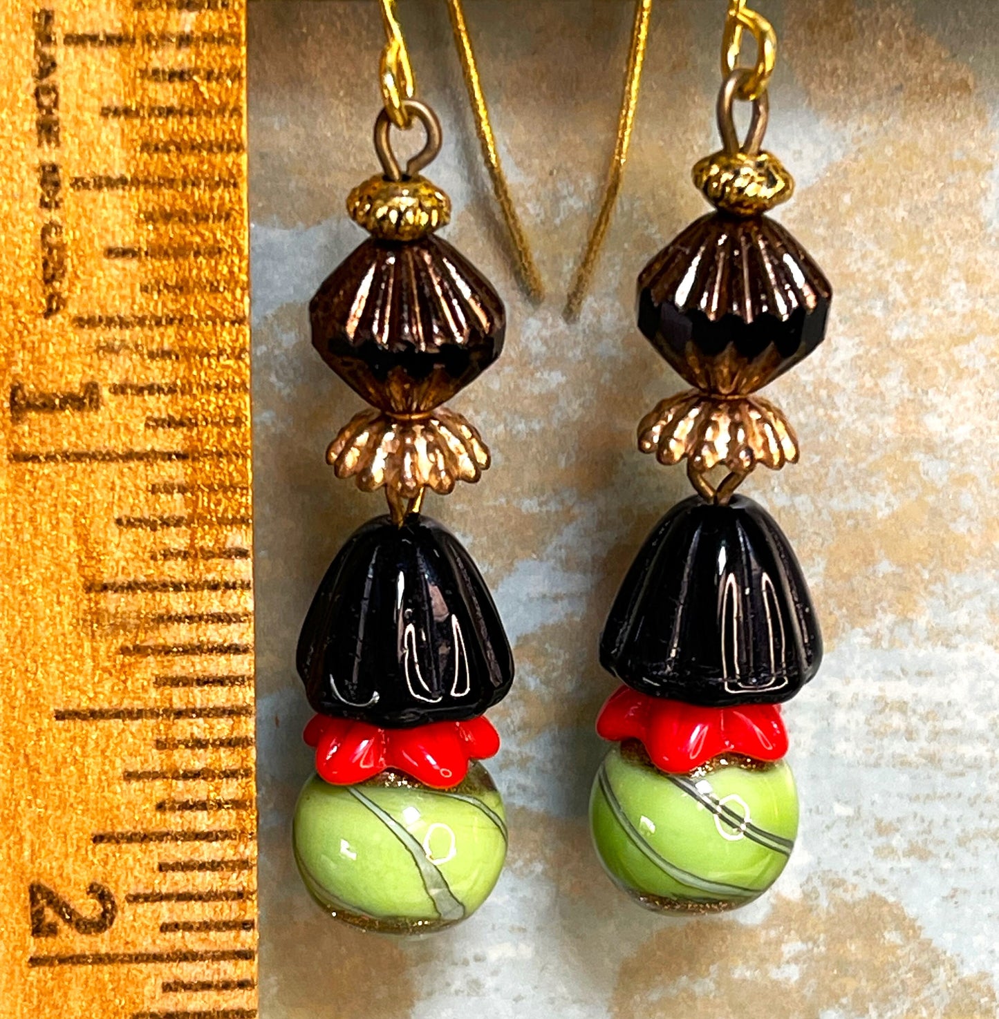 Premium Vintage Green-Gold Glass, With Black and Red Czech Glass. Hypoallergenic French Earring Hooks, Gold Plated Wire