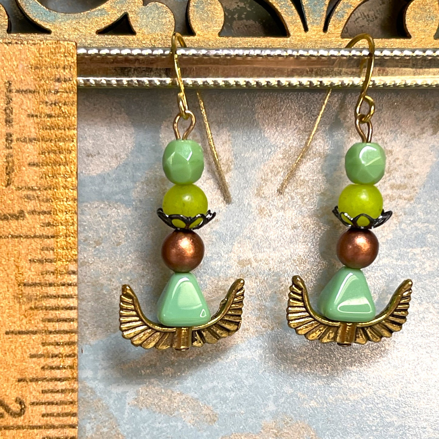 Glass Bohemian Earrings, Green Egyptian Style. Hypoallergenic French Earring Hooks, Gold Plated Wire..