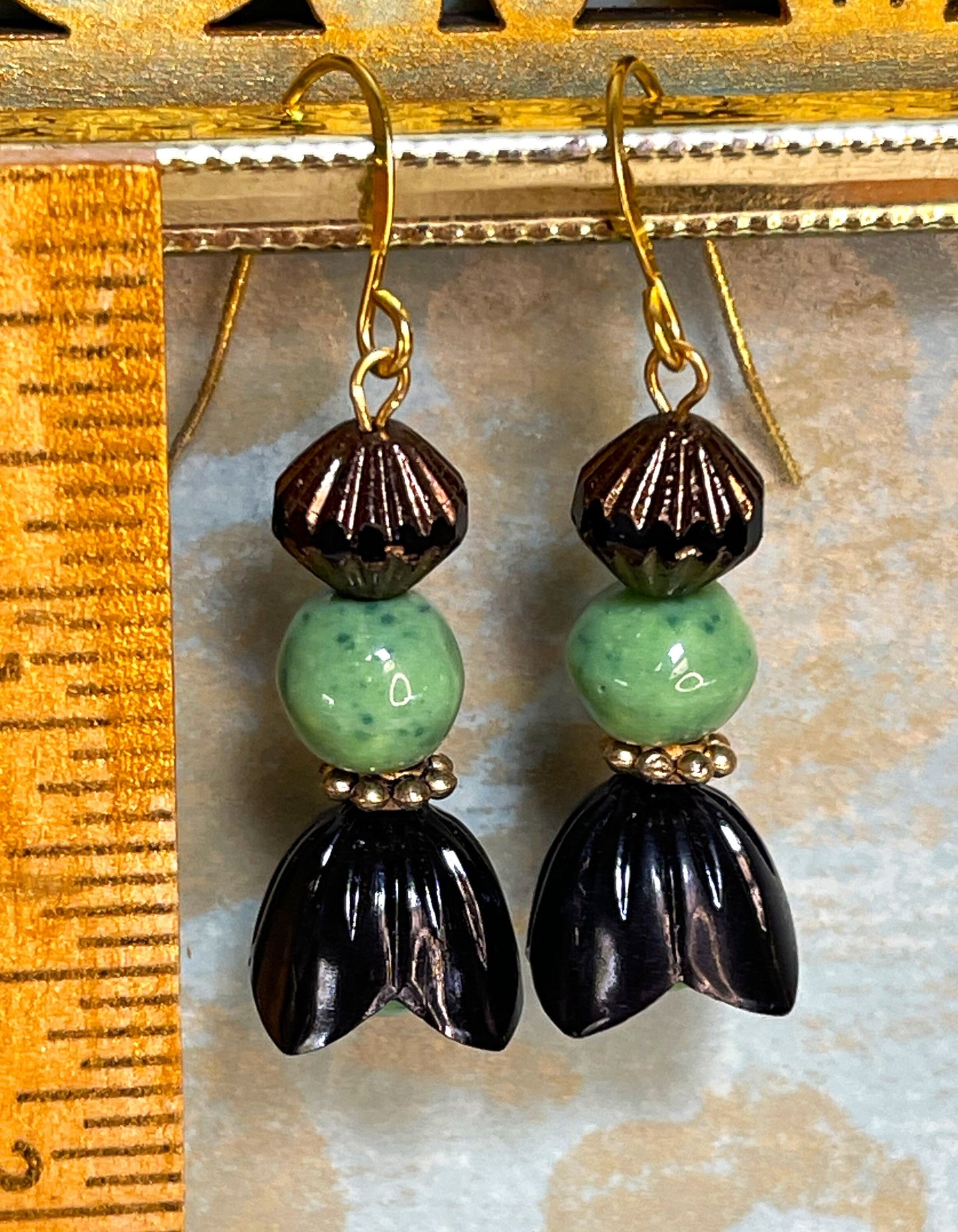 Vintage Earrings, Black, Green Glass With Vintage Plastic Flowers. Hypoallergenic French Earring Hooks, Gold Plated Wire