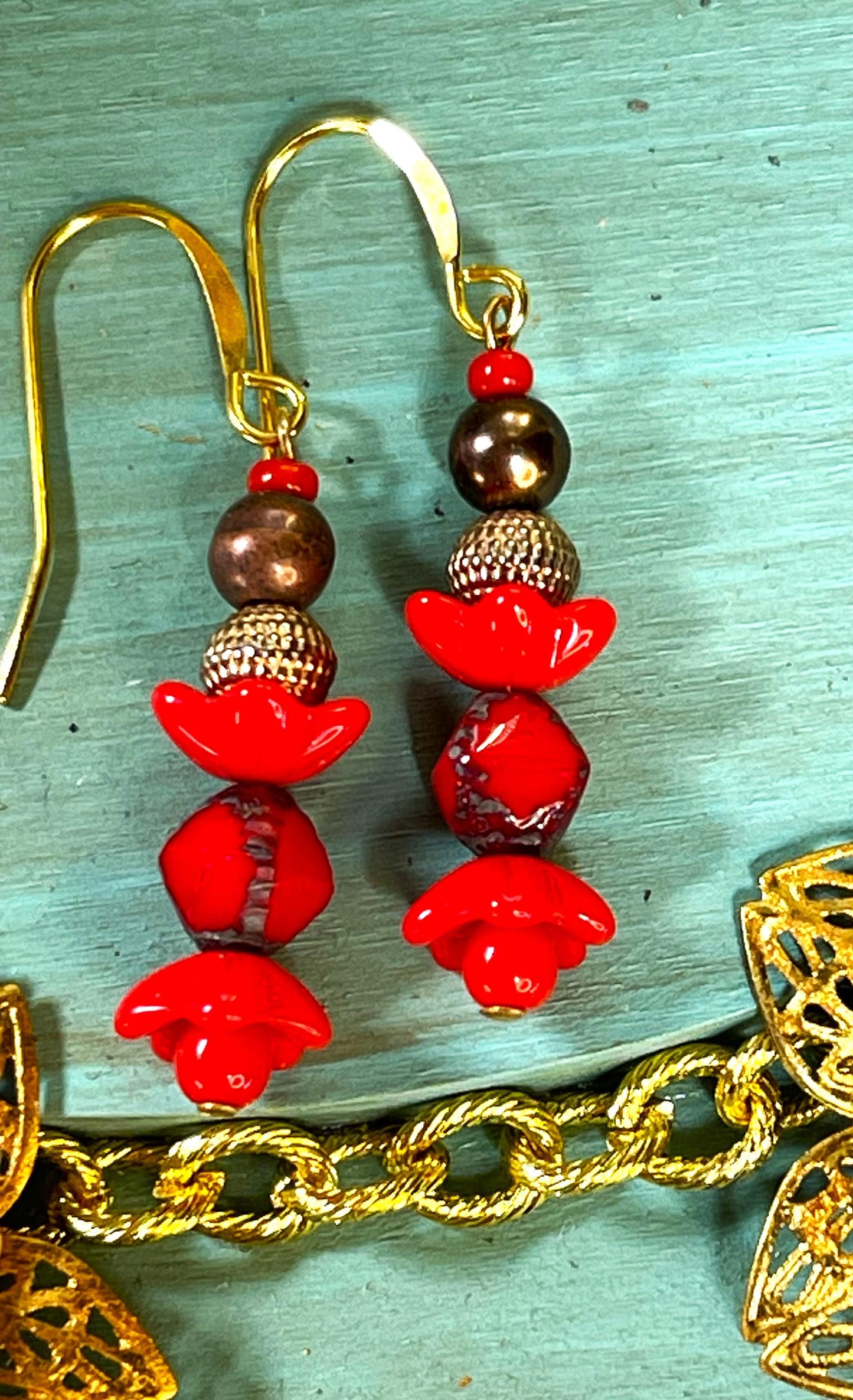 Vintage Red Flowers with gold brass spacer beads. Hypoallergenic French Earring Hooks, Gold Plated Wire..