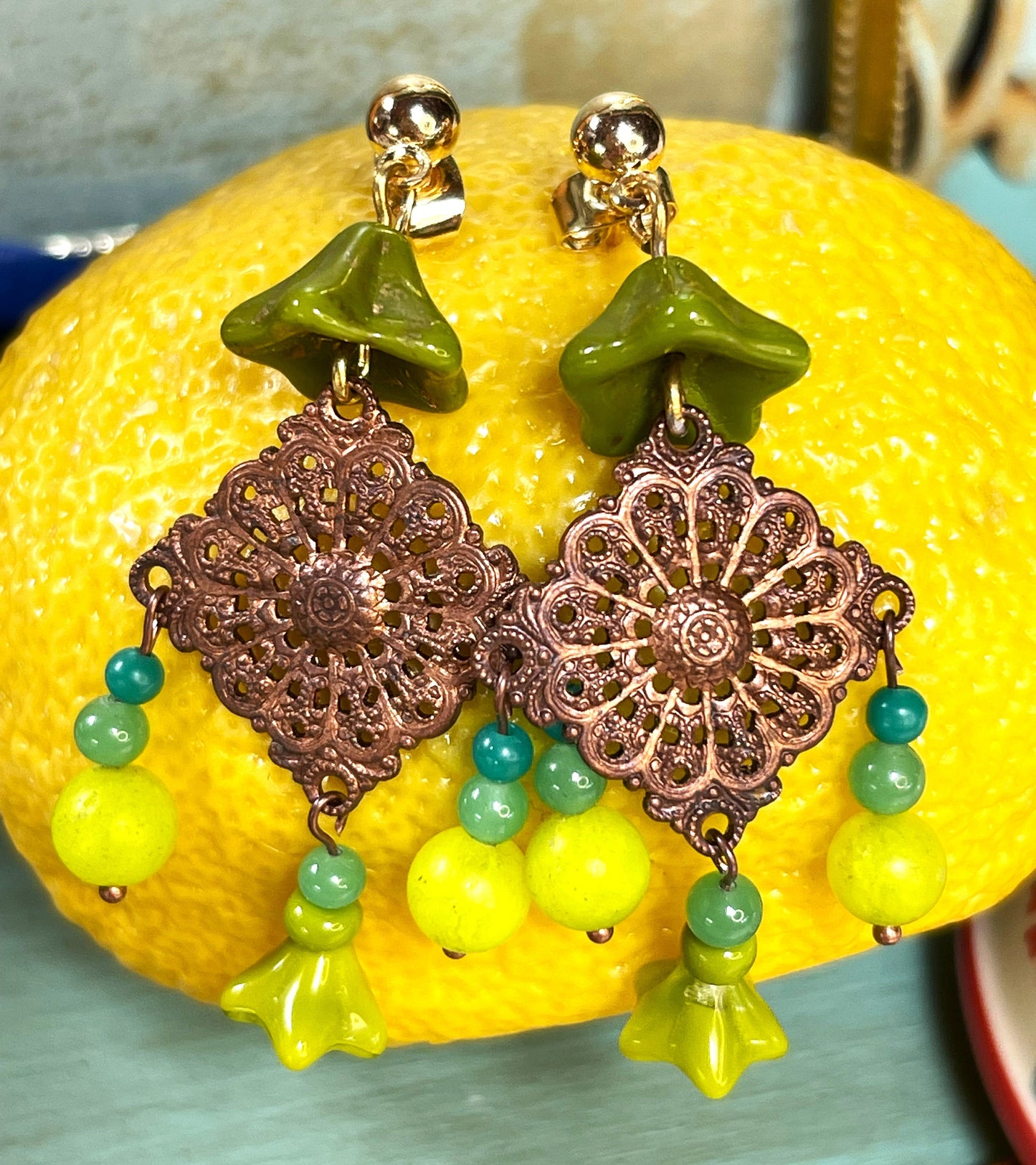 Vintage Glass Bead Earrings, Green Glass with Copper Plated Brass. Hypoallergenic Posts, Gold Plated Brass.