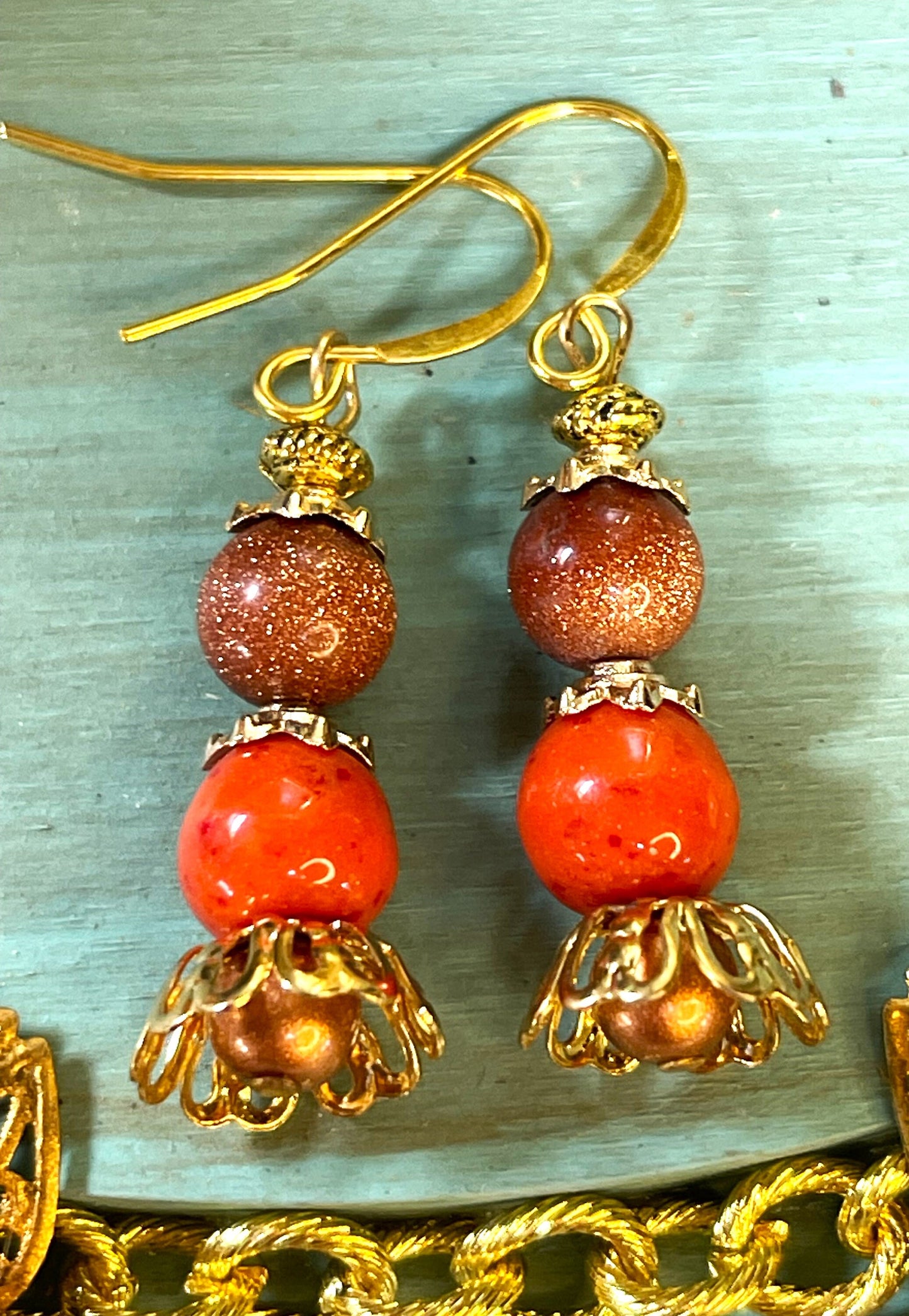 Vintage Glass Bead Earrings, Gold-Stone with Orange vintage Glass and Gold Metal. Hypoallergenic French Earring Hooks, Gold Plated Wire.