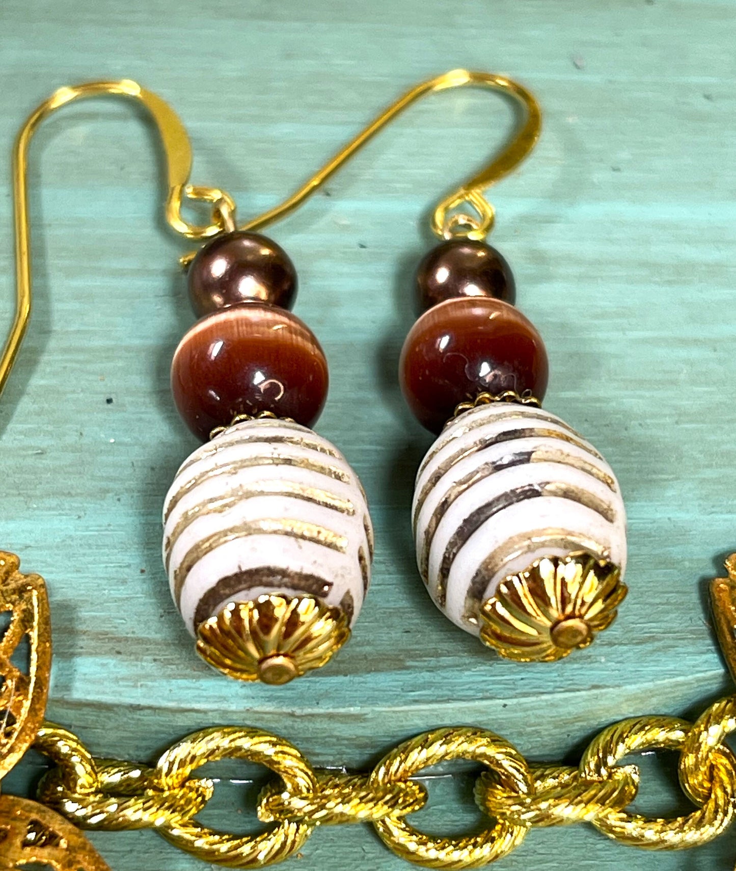 Glass Bohemian Earrings, Vintage White Gold Striped Beads, and Brown Glass. Hypoallergenic French Earring Hooks, Gold Plated Wire..