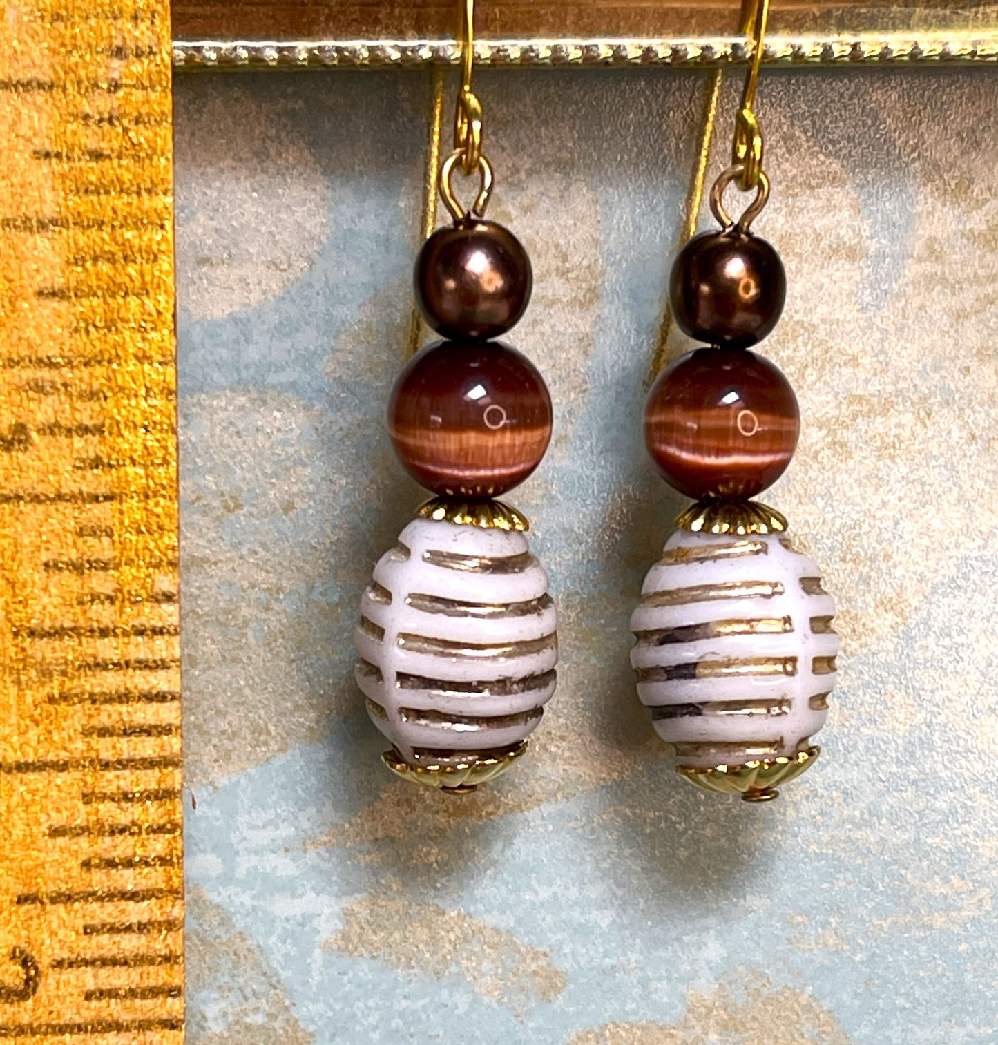 Glass Bohemian Earrings, Vintage White Gold Striped Beads, and Brown Glass. Hypoallergenic French Earring Hooks, Gold Plated Wire..