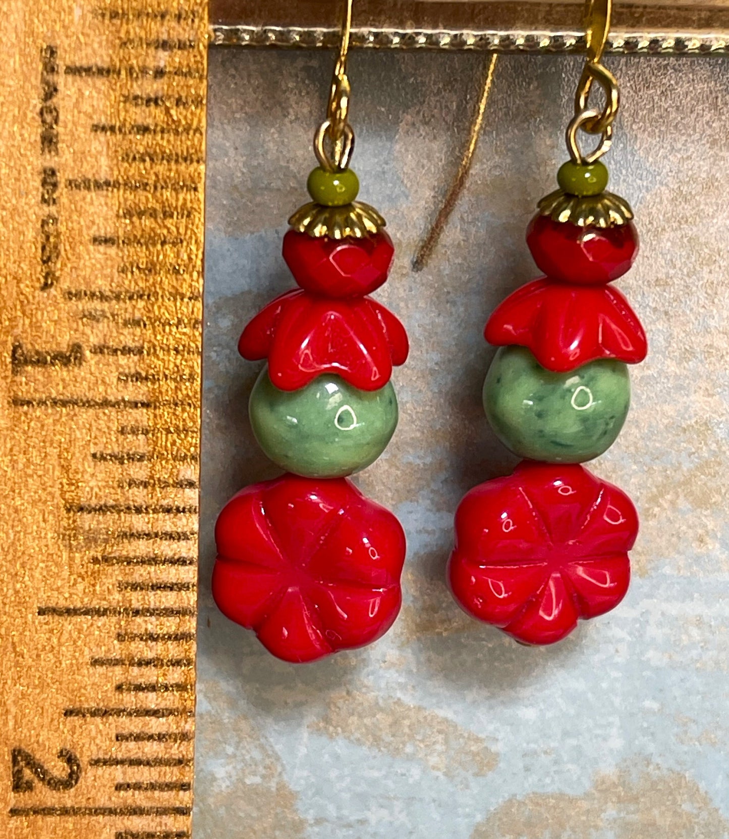 Vintage Glass Bead Earrings, Vintage Green and Red Glass. Hypoallergenic French Earring Hooks, Gold Plated Wire.