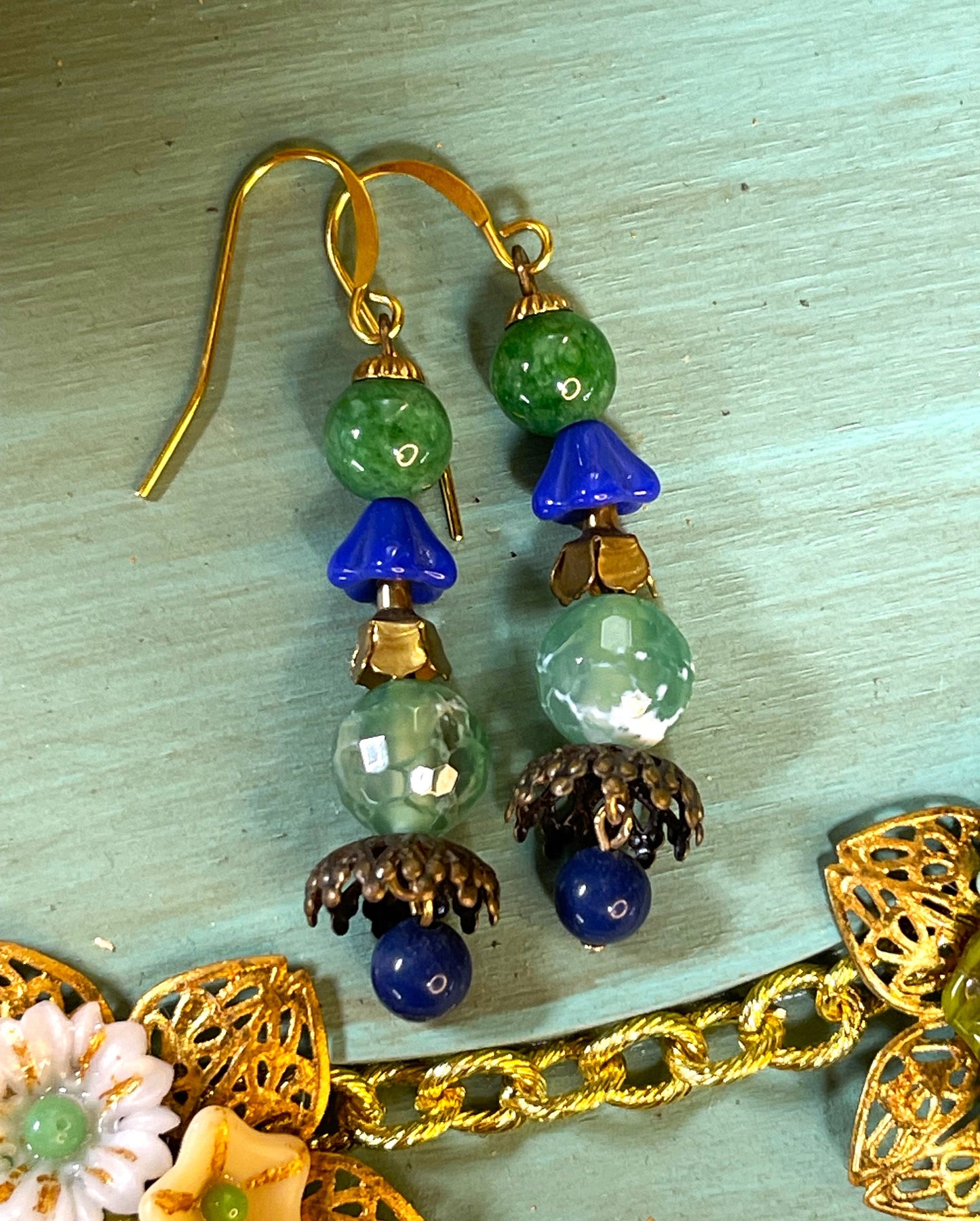 Glass Bohemian Earrings, Green Agate Beads, Green Vintage Beads, and Vintage Brass. Hypoallergenic French Earring Hooks, Gold Plated Wire.