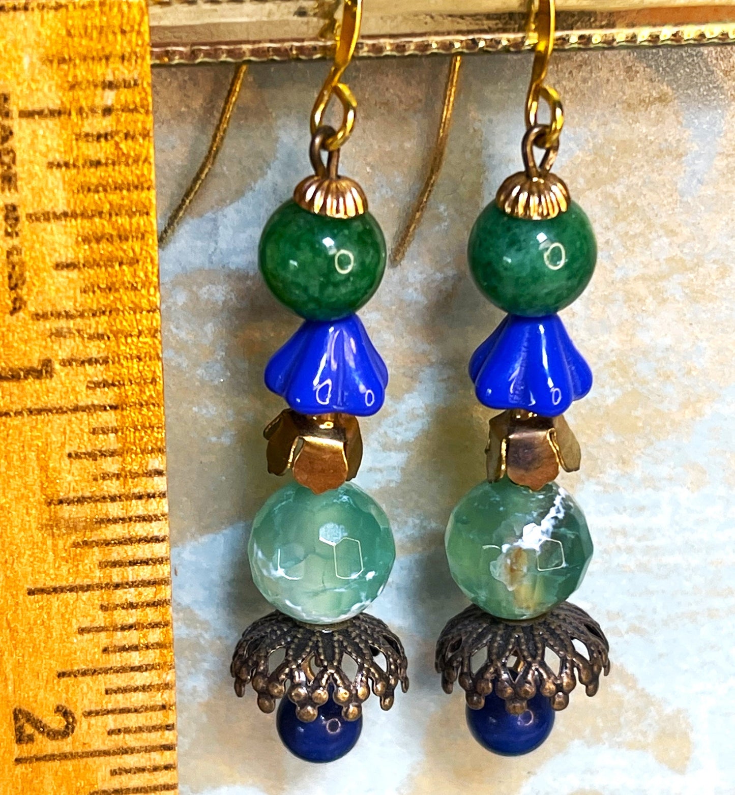 Glass Bohemian Earrings, Green Agate Beads, Green Vintage Beads, and Vintage Brass. Hypoallergenic French Earring Hooks, Gold Plated Wire.