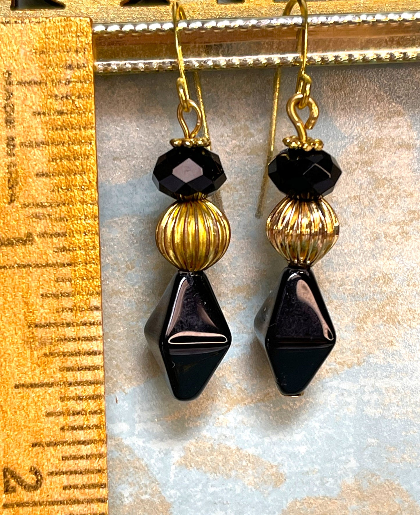 Vintage Glass Bead Earrings, Black and Gold Metal. Hypoallergenic French Earring Hooks, Gold Plated Wire.