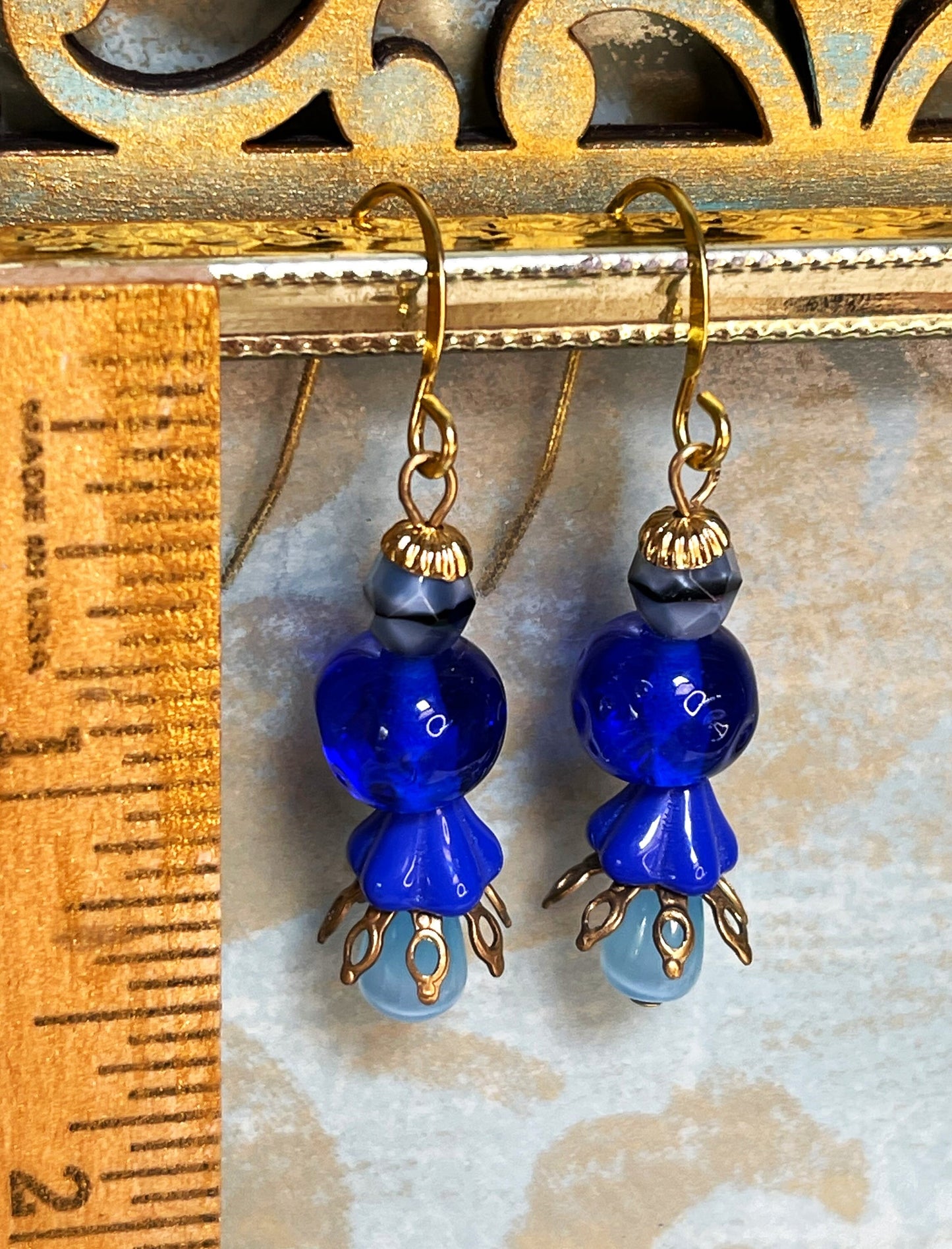 Vintage Glass Bead Earrings, Vintage Blue Glass. Hypoallergenic French Earring Hooks, Gold Plated Wire.