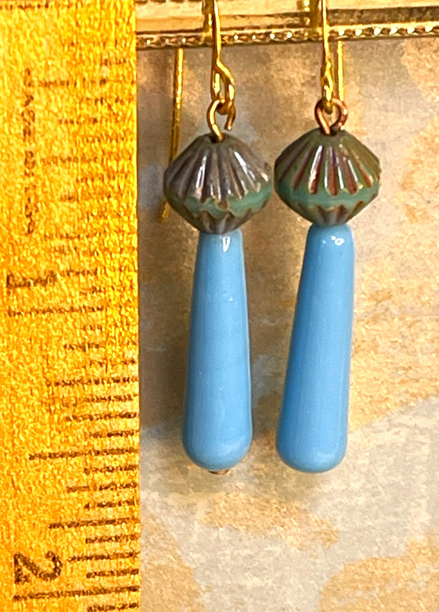 Vintage Glass Bead Earrings, Vintage Blue Glass with Czech Glass. Hypoallergenic French Earring Hooks, Gold Plated Wire.
