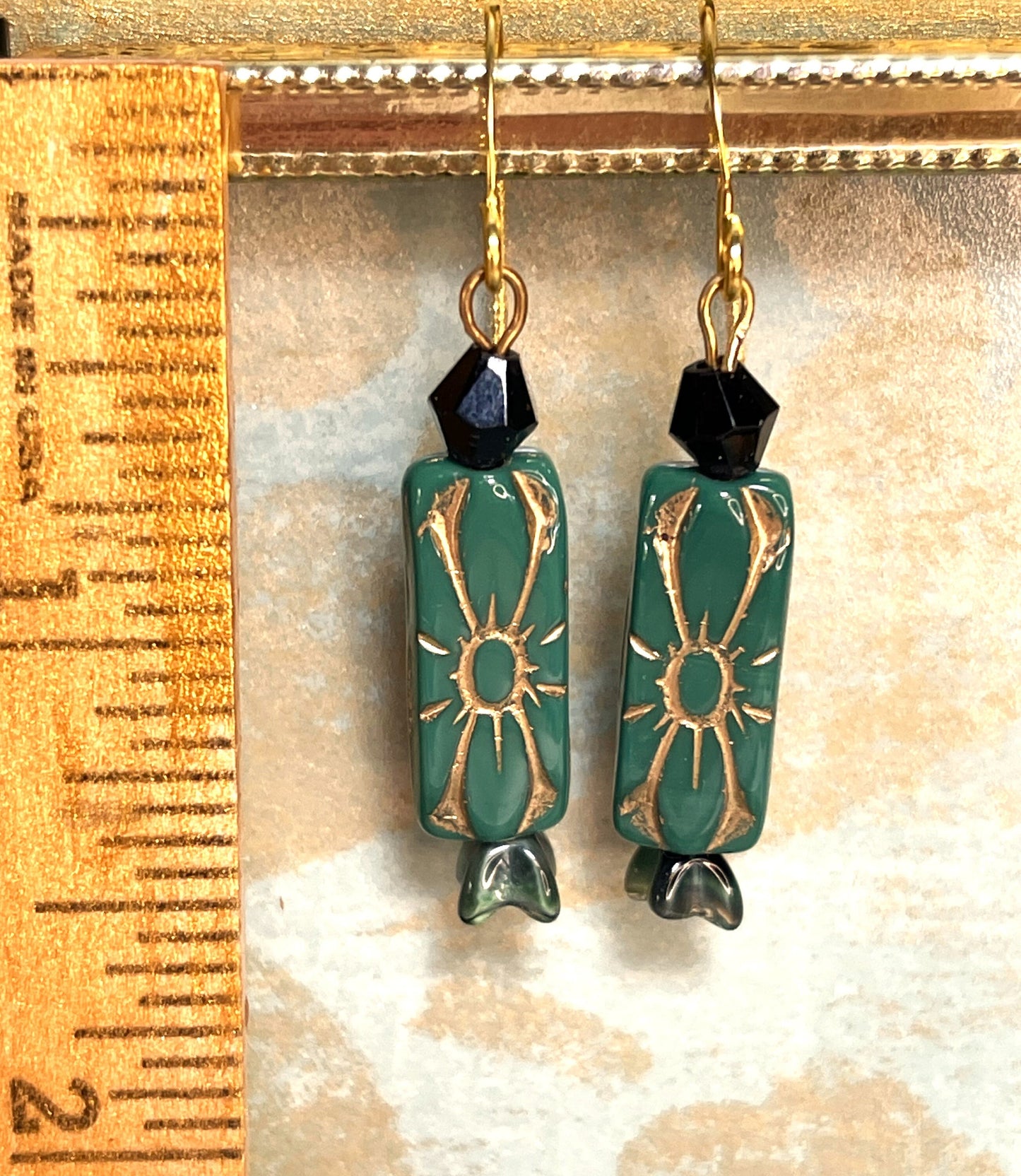 Vintage Hunter Green and Gold Eched Czech Glass Earrings. Hypoallergenic French Earring Hooks, Gold Plated Wire.