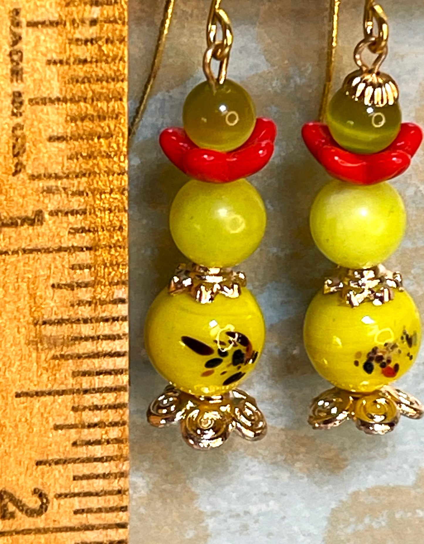 Yellow Japanese Millefiori Glass Bead Earrings with Green glass and Red Flowers. Hypoallergenic French Earring Hooks, Gold Plated Wire.