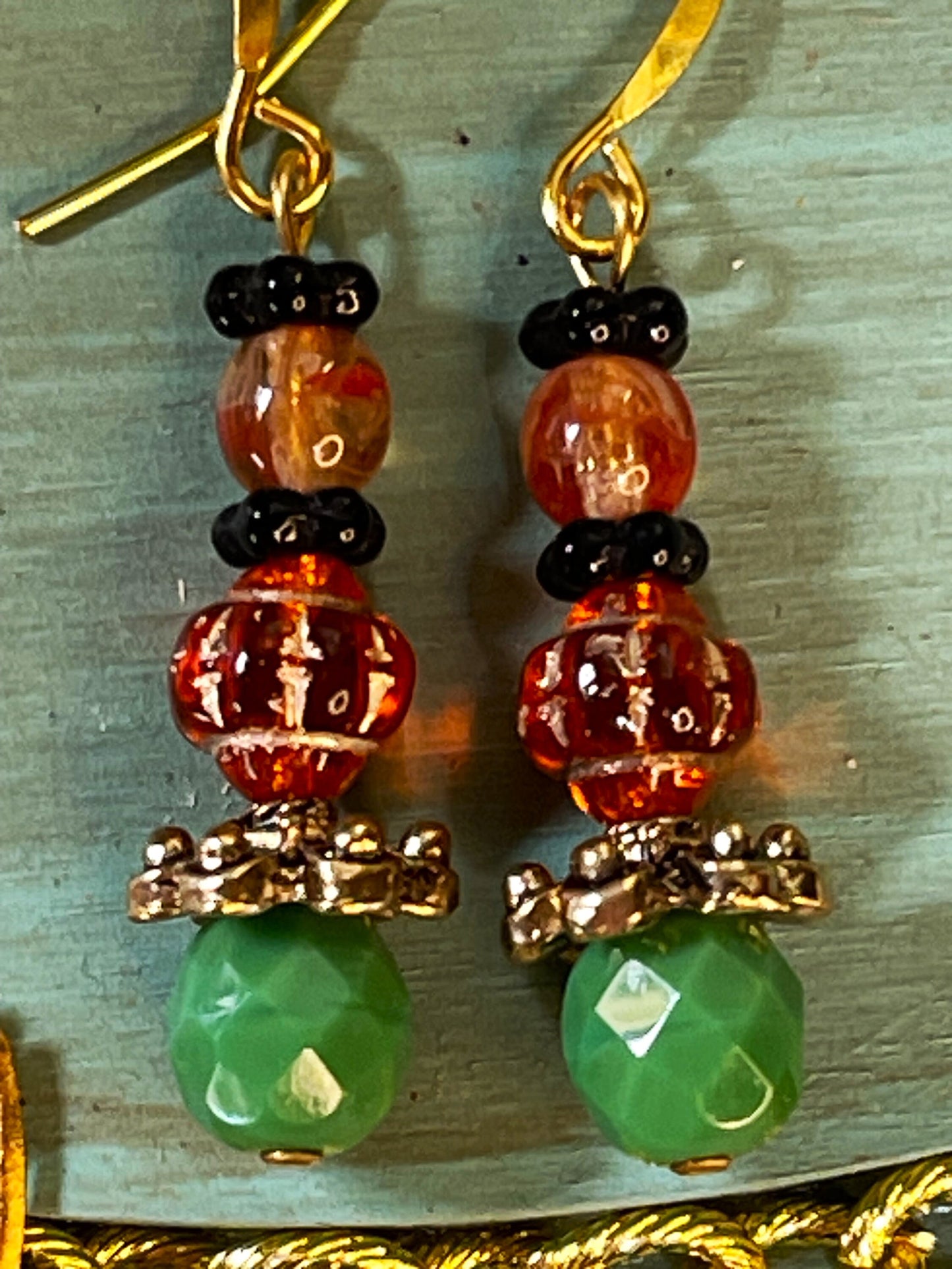 Vintage Orange and Green beads, With Black Czech Glass and Gold Metal Earrings. Hypoallergenic French Earring Hooks, Gold Plated Wire.