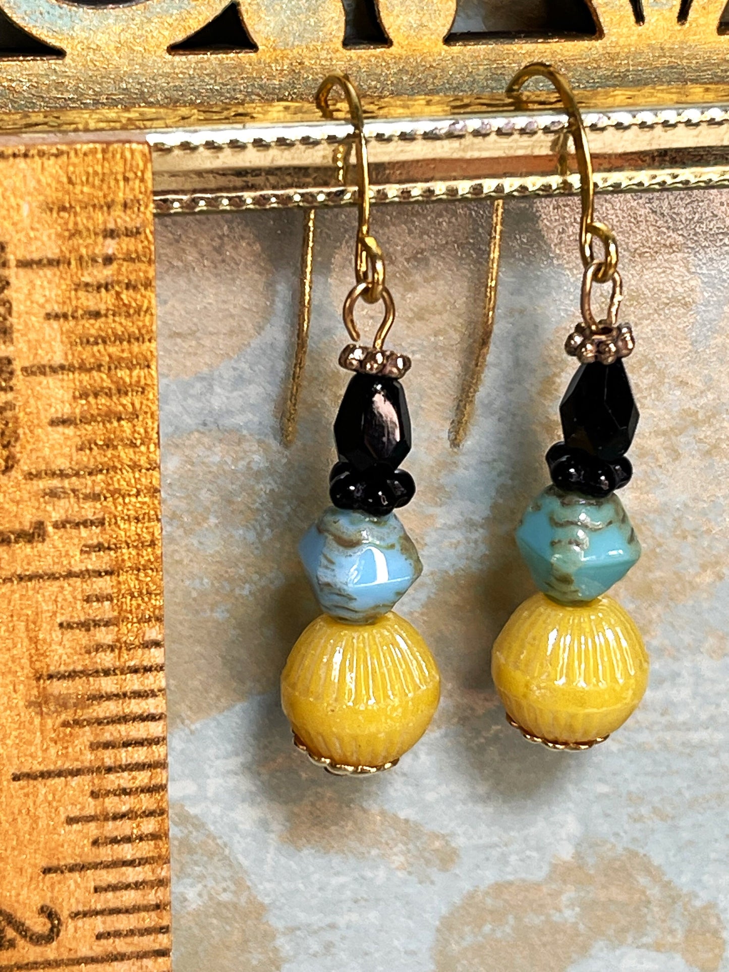 Golden Yellow Vintage Glass with Black, and Blue Czech Glass. Hypoallergenic French Earring Hooks, Gold Plated Wire.