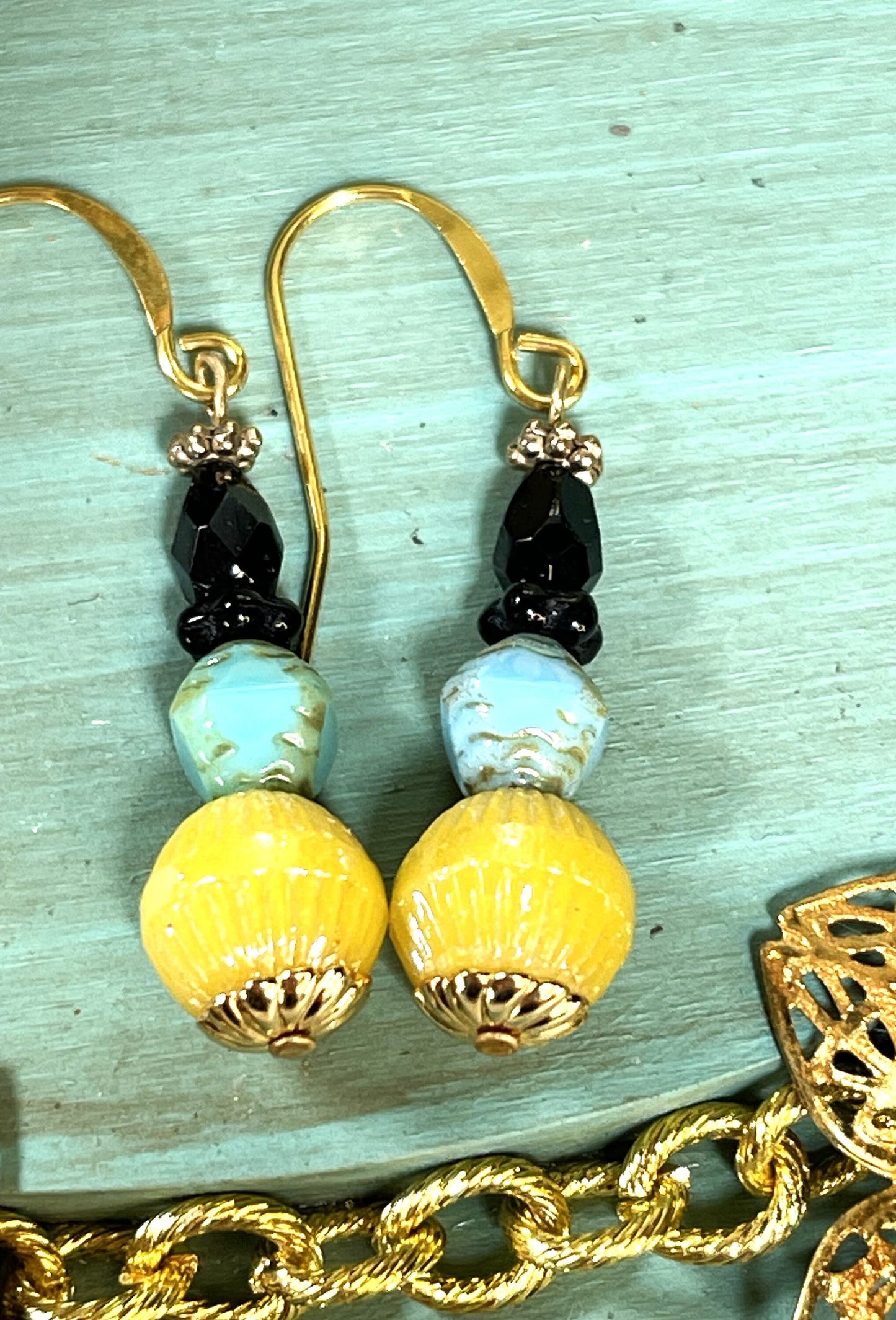 Golden Yellow Vintage Glass with Black, and Blue Czech Glass. Hypoallergenic French Earring Hooks, Gold Plated Wire.