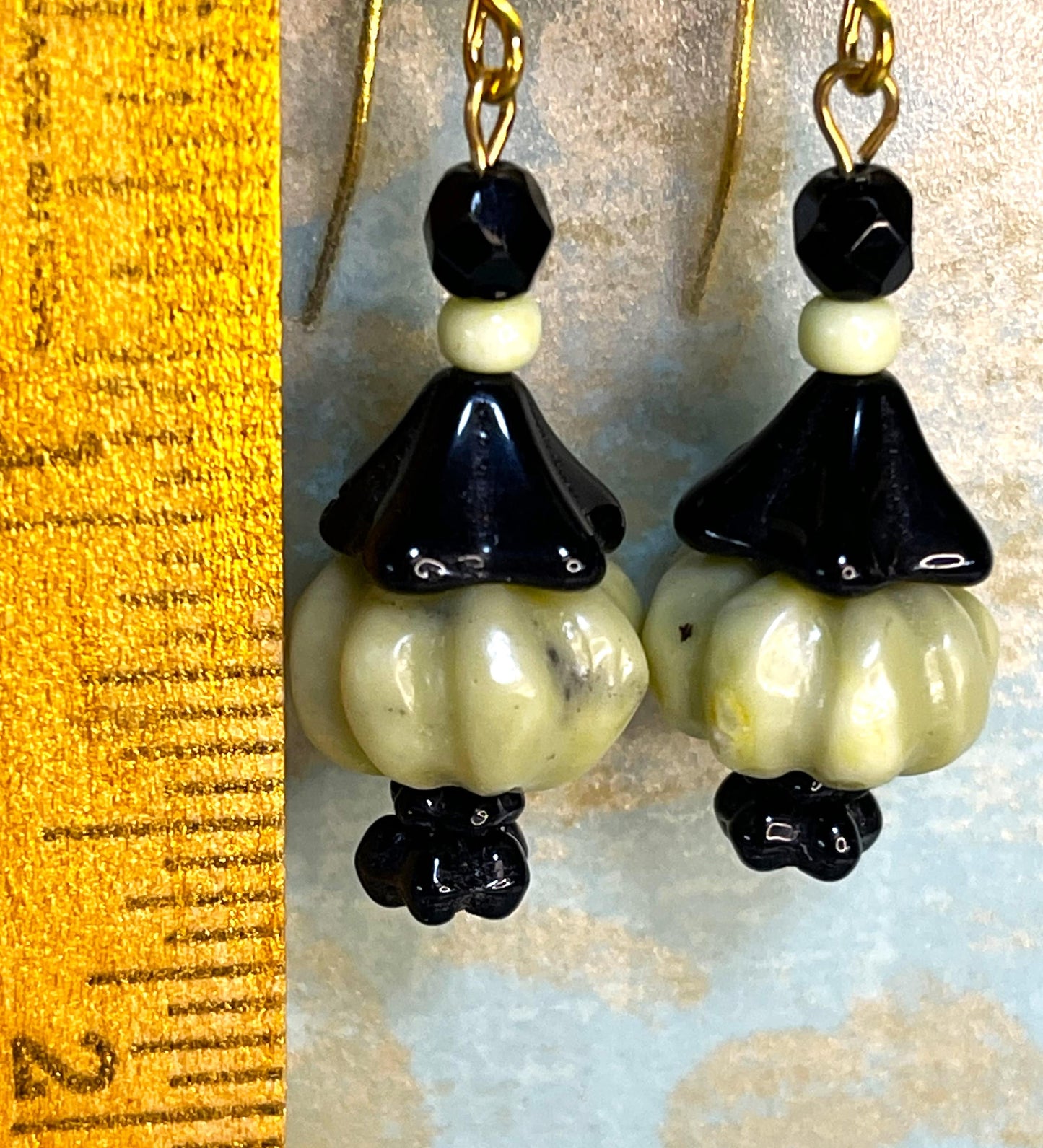 Green Melon Lantern Style Earrings With Green and Black Czech Glass, Hypoallergenic French Earring Hooks, Gold Plated Wire.