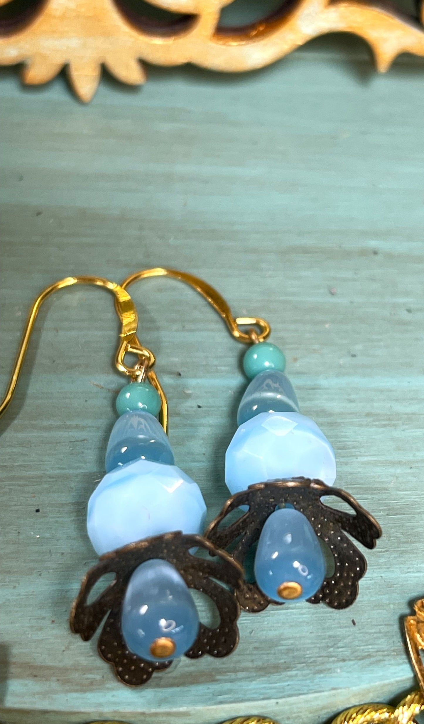 Shades of Blue with Green Glass beads with Metal Flowers Earrings. Hypoallergenic French Earring Hooks, Gold Plated Wire.