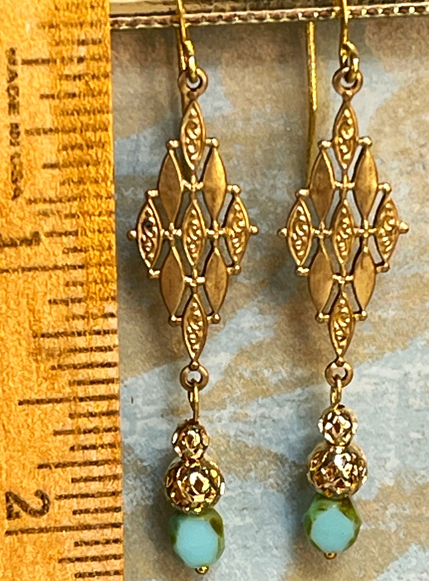 Turquoise Czech Glass Beads with Vintage Gold Metal. Earrings. Hypoallergenic French Earring Hooks, Gold Plated Wire.