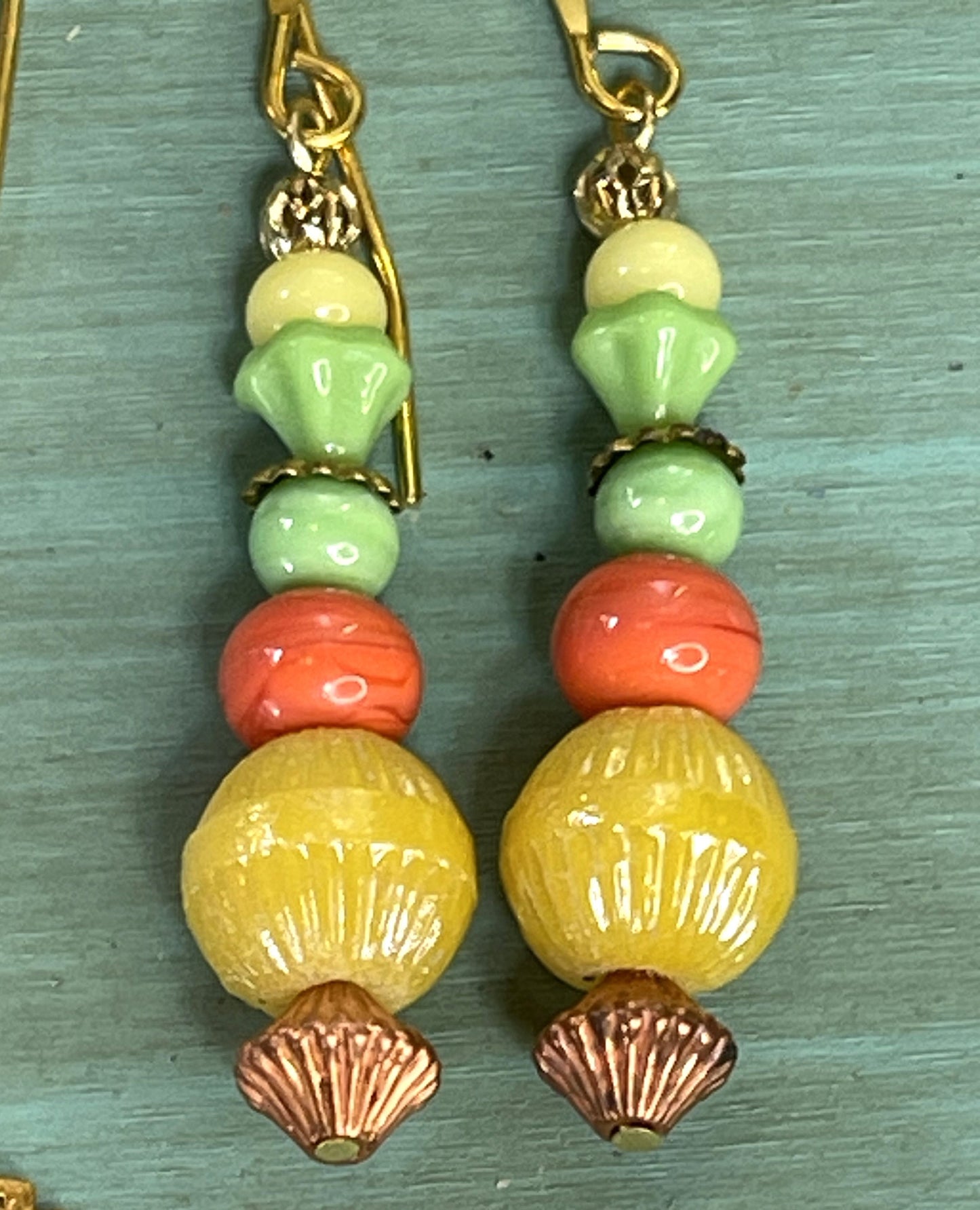 Lovely Golden Yellow, Coral, and Green Czech Glass Earrings. Hypoallergenic French Earring Hooks, Gold Plated Wire.