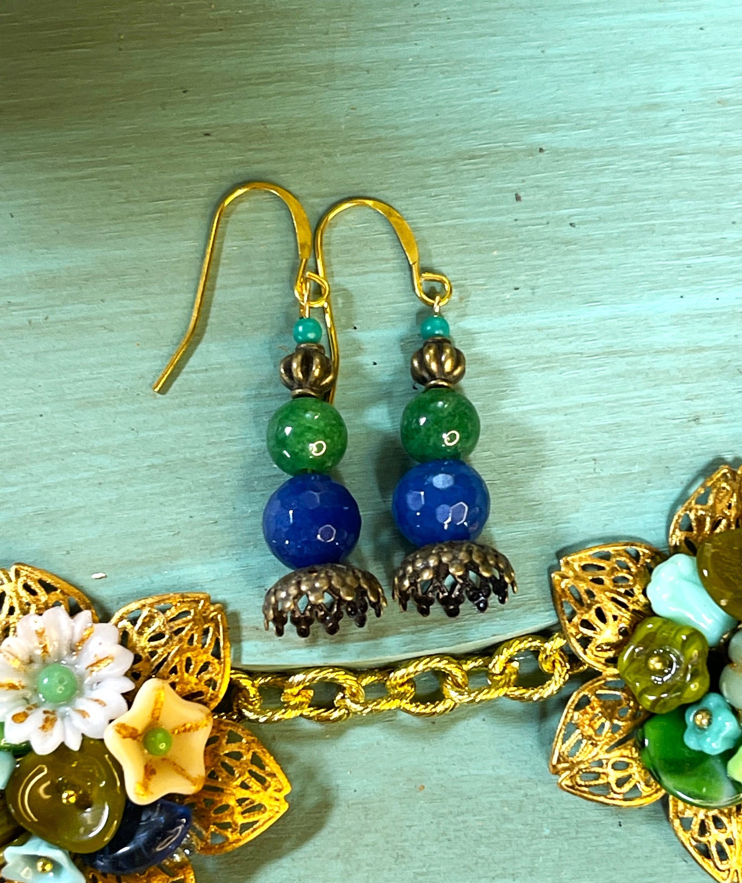 Vintage Cobalt Blue with Green Czech Glass Stacked on Brass Bead Caps. Hypoallergenic French Earring Hooks, Gold Plated Wire.