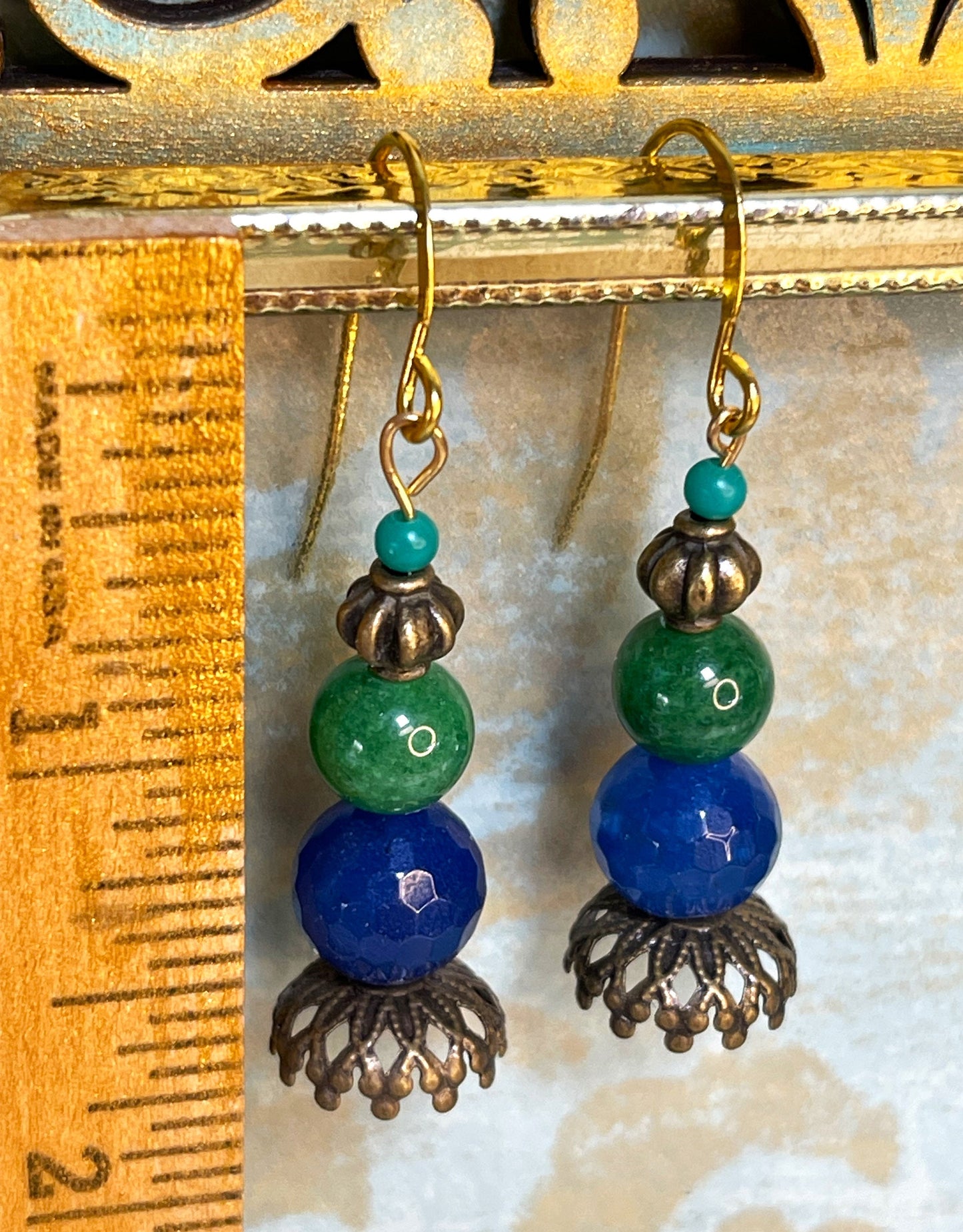 Vintage Cobalt Blue with Green Czech Glass Stacked on Brass Bead Caps. Hypoallergenic French Earring Hooks, Gold Plated Wire.