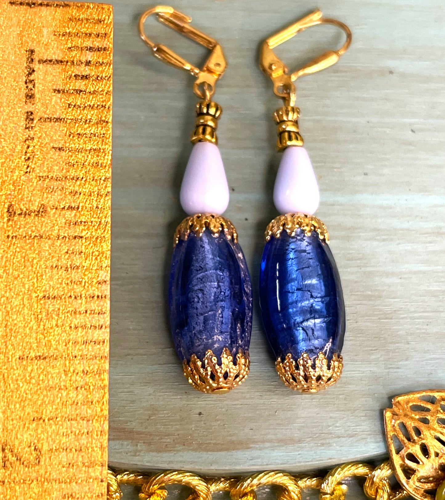 Vintage Indian Blue Glass Beads with light Blue Miriam Haskell light Blue Beads. Hypoallergenic French Earring Hooks, Gold Plated Wire.