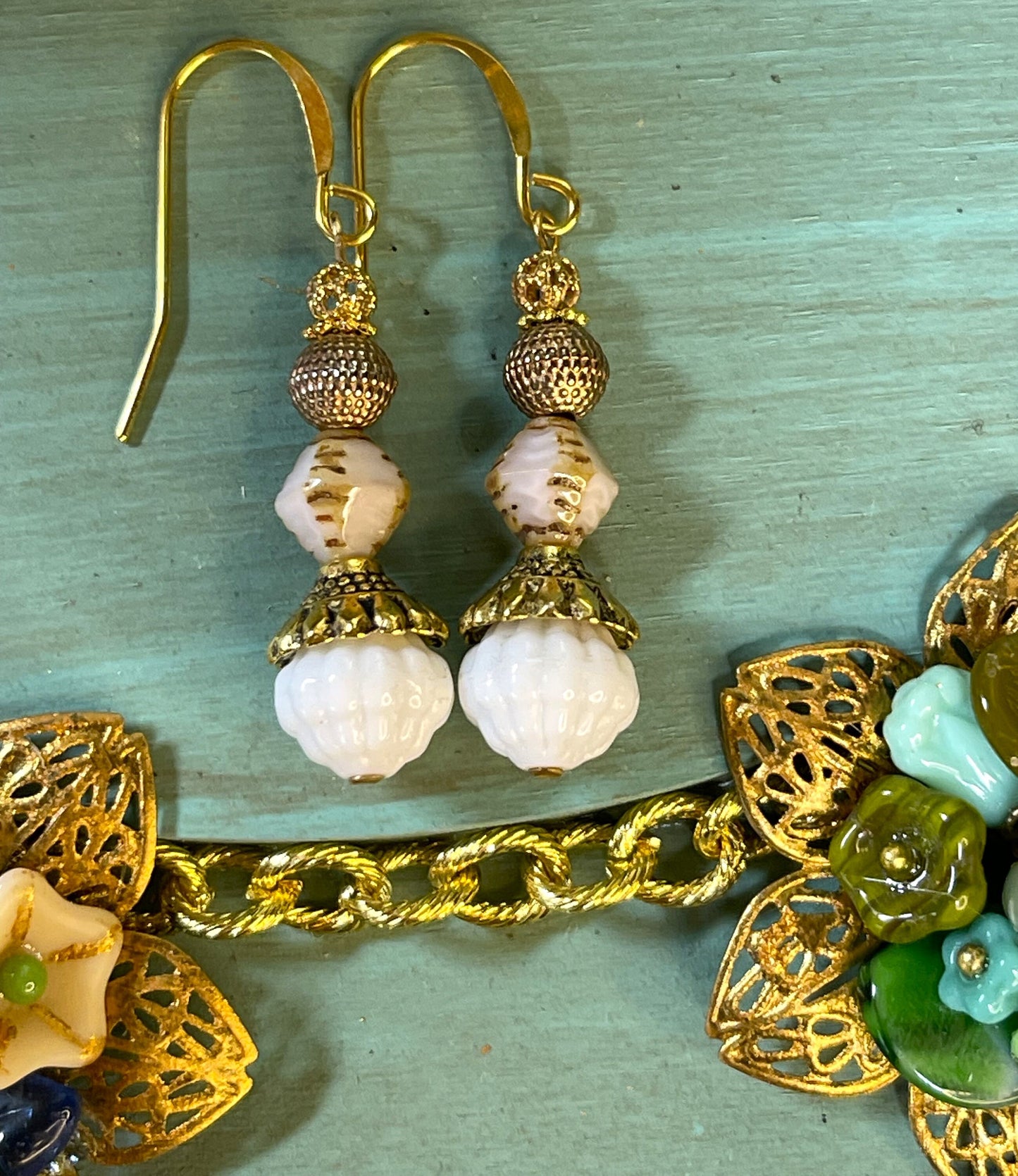 Vintage German White Textured Glass Beads with Gold Textured Metal. Hypoallergenic French Earring Hooks, Gold Plated Wire.