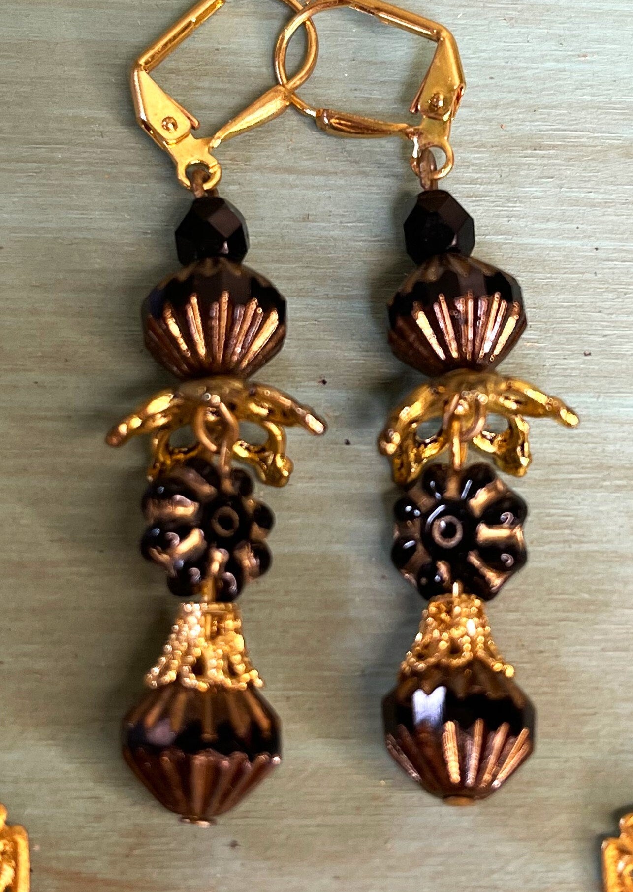 Black and Gold Czech Etched Glass Beads With Charming Flowers. Hand-Made. Hypoallergenic French Earring Hooks, Gold Plated Wire.