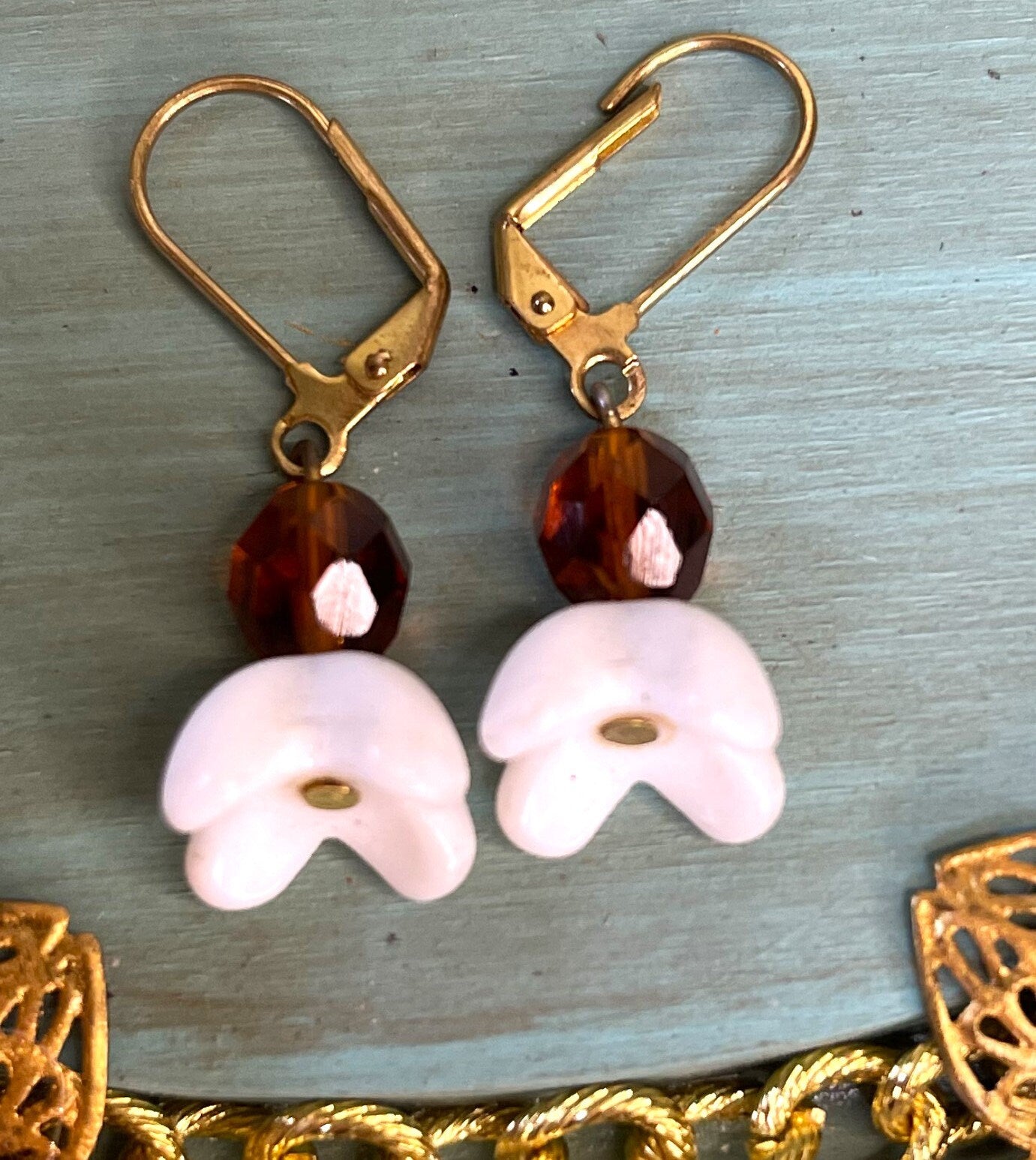 White Flowers with Amber Glass Earrings. Hypoallergenic French Earring Hooks, Gold Plated Wire.