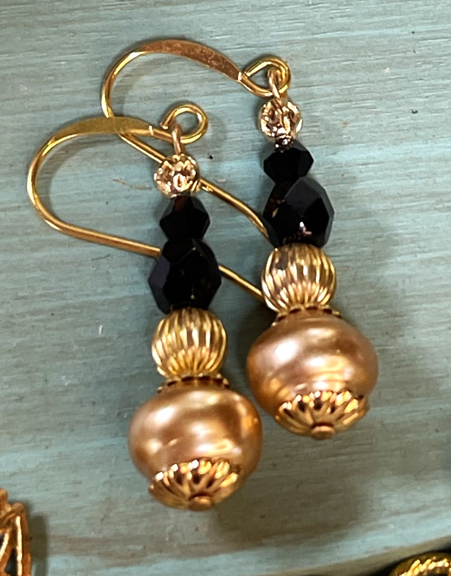 Black Czech Glass with Vintage Champagne Glass Pearls, Gold plate Metal.l. Hypoallergenic French Earring Hooks, Gold Plated Wire.
