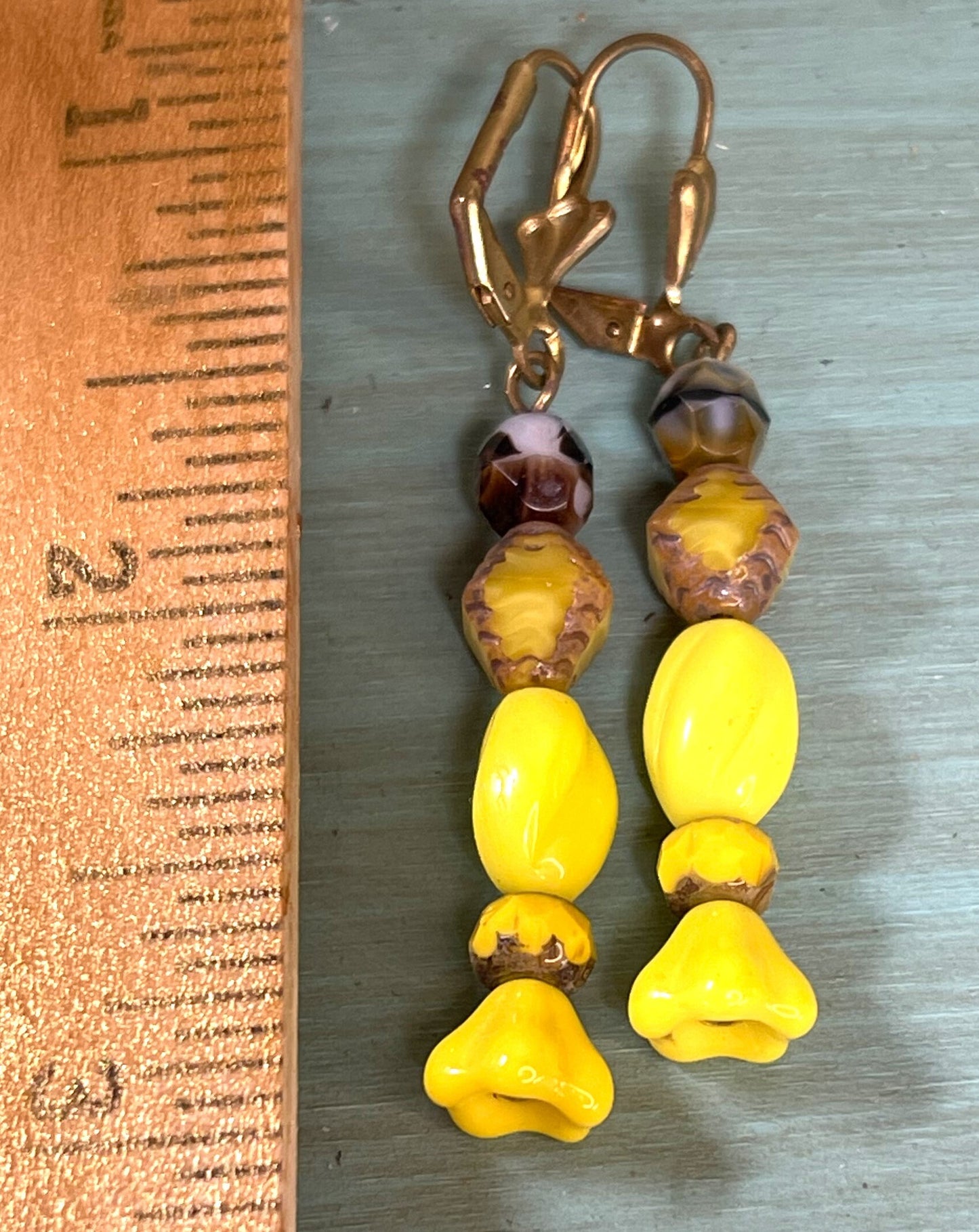 Vintage Twisted Yellow Beads with Newer Czech Glass with Etched Beads. Lever Back Ear Wire