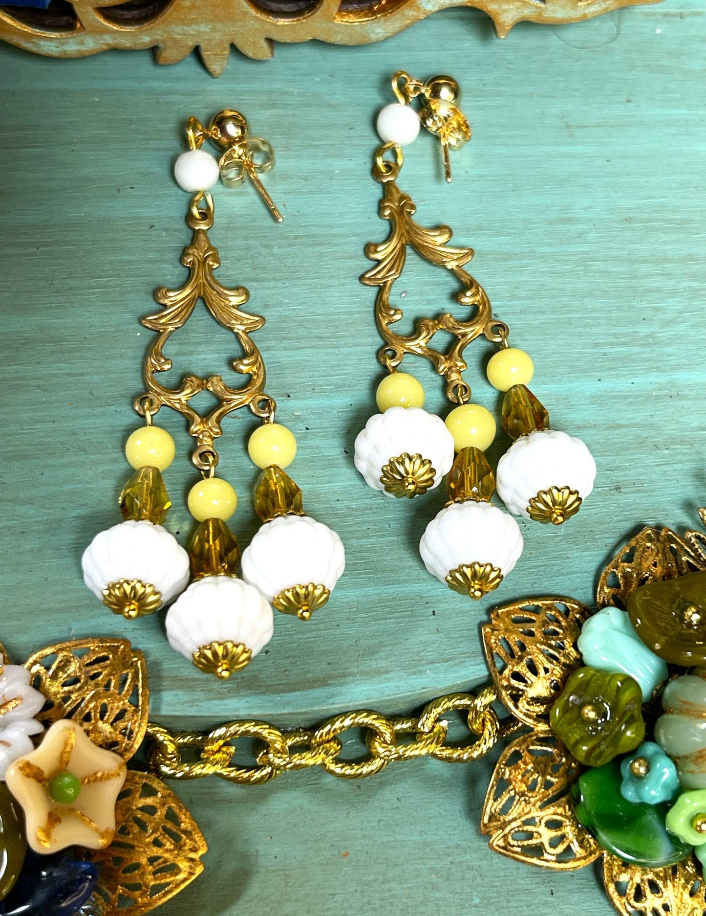 Glass Boho Earrings, 3 Glass Dangles With White and yellow Vintage German Beads . Hypoallergenic PostsBoho