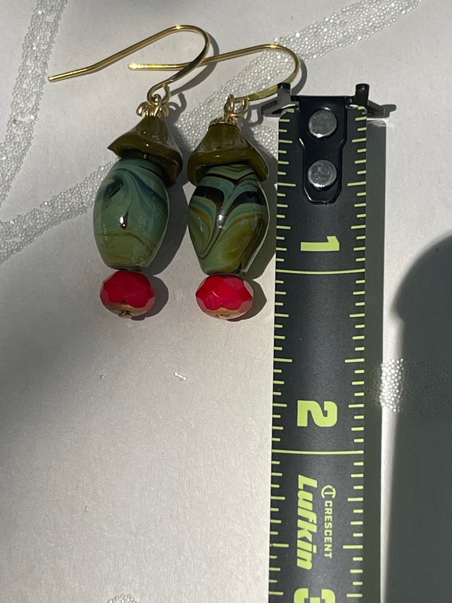 1960's Japanese Olive, Black Swilrl Bead, and Red Glass Drop Beads, Hypoallergenic French Earring Hooks Gold Plated Brass.